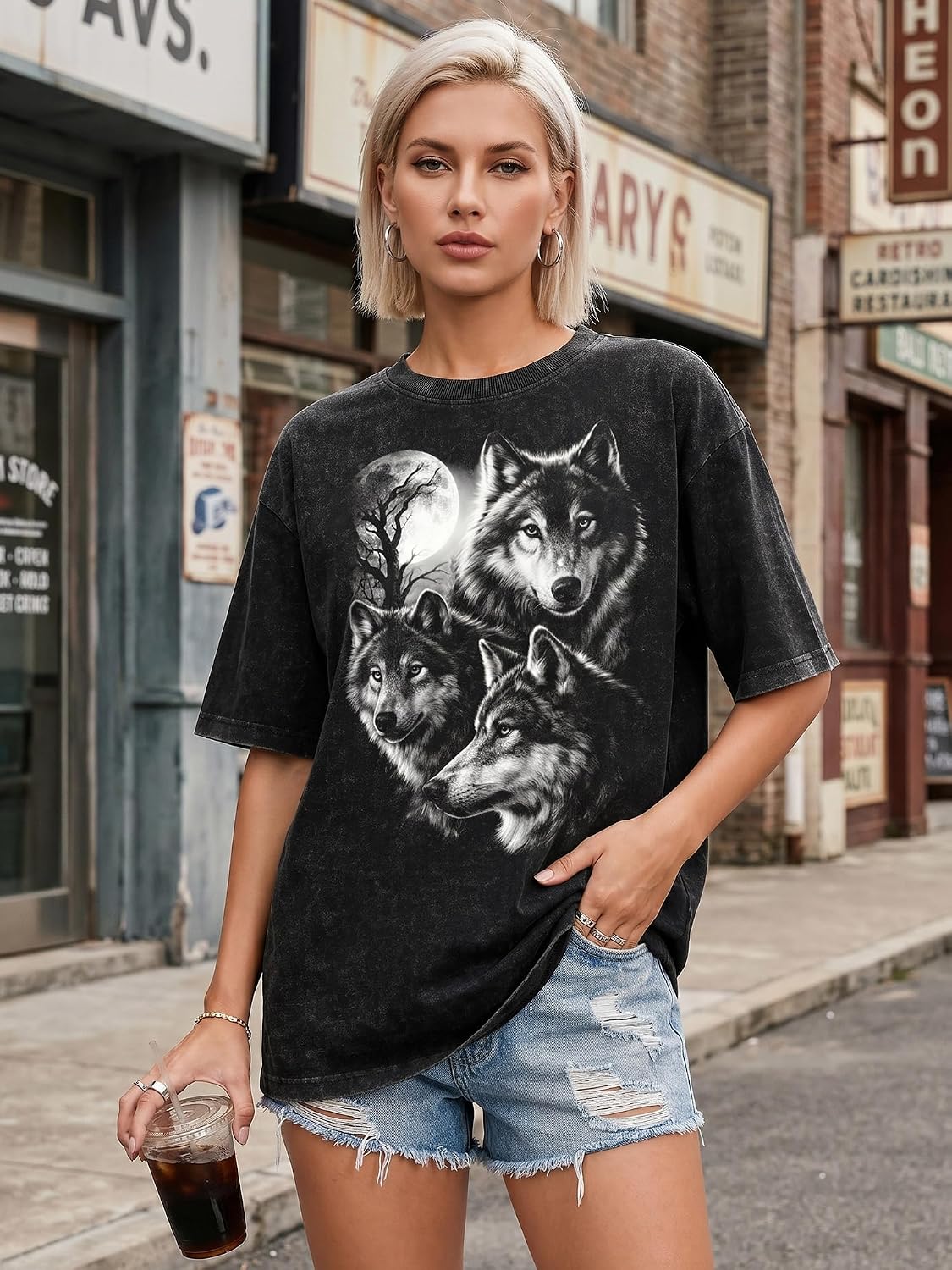 Women Dinosaur Shirt Retro Wolf Graphic T-Shirt Vintage Tee image 3