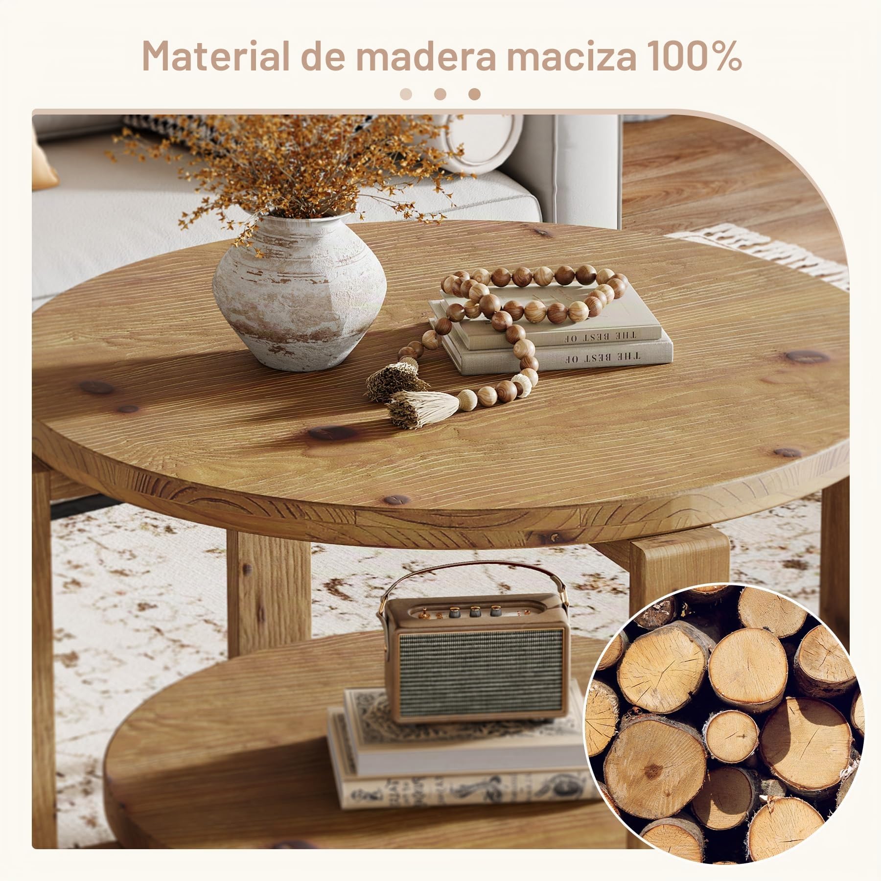 Tribesigns Mesa de Centro Redonda de Madera Maciza, 80cm Mesa Centro Madera de 2 Niveles con Estantes de Almacenamiento, Moderno Acento de Madera Central para Sala de Estar, Oficina en Casa, Marrón