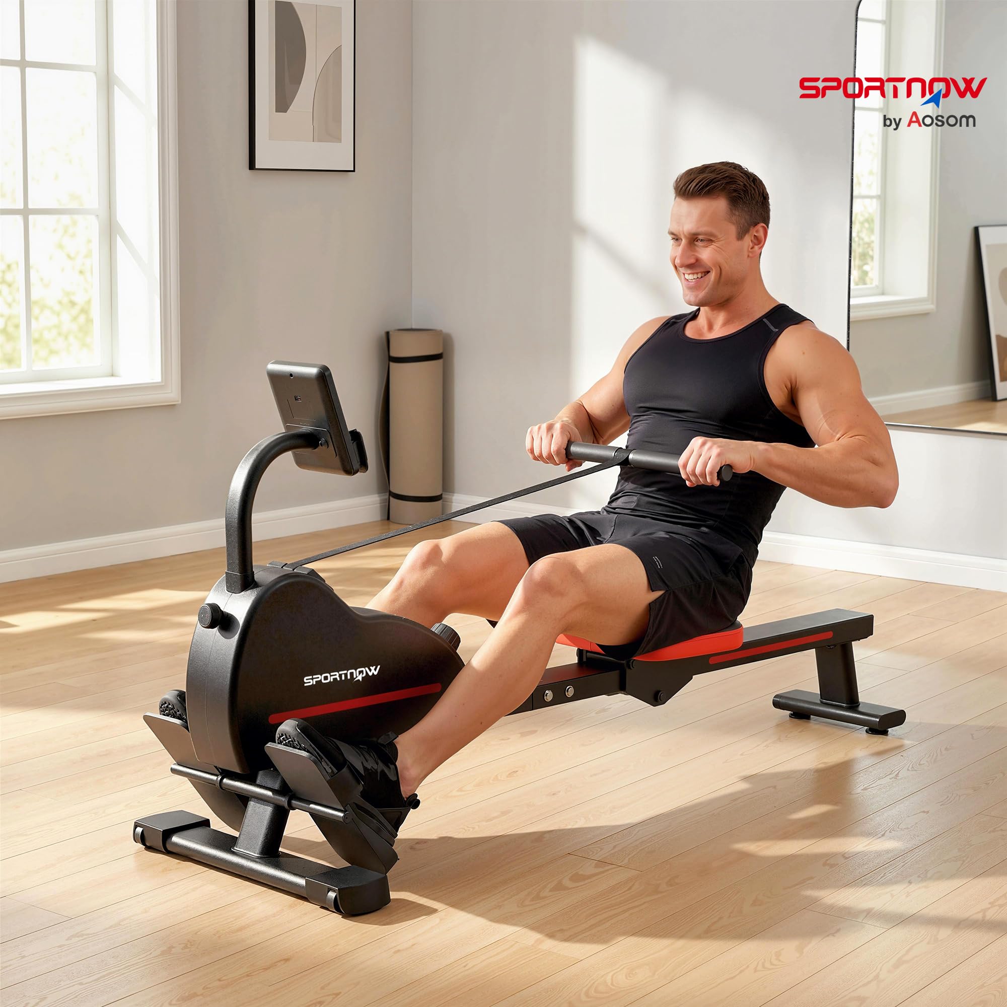 SPORTNOW Rameur Magnétique avec Bluetooth Appareil de Musculation Connecté Kinomap & Zwift - 16 Niveaux de Résistance - Rameur Silencieux avec Écran LCD pour Sport à la Maison et Perte de Poids, Rouge