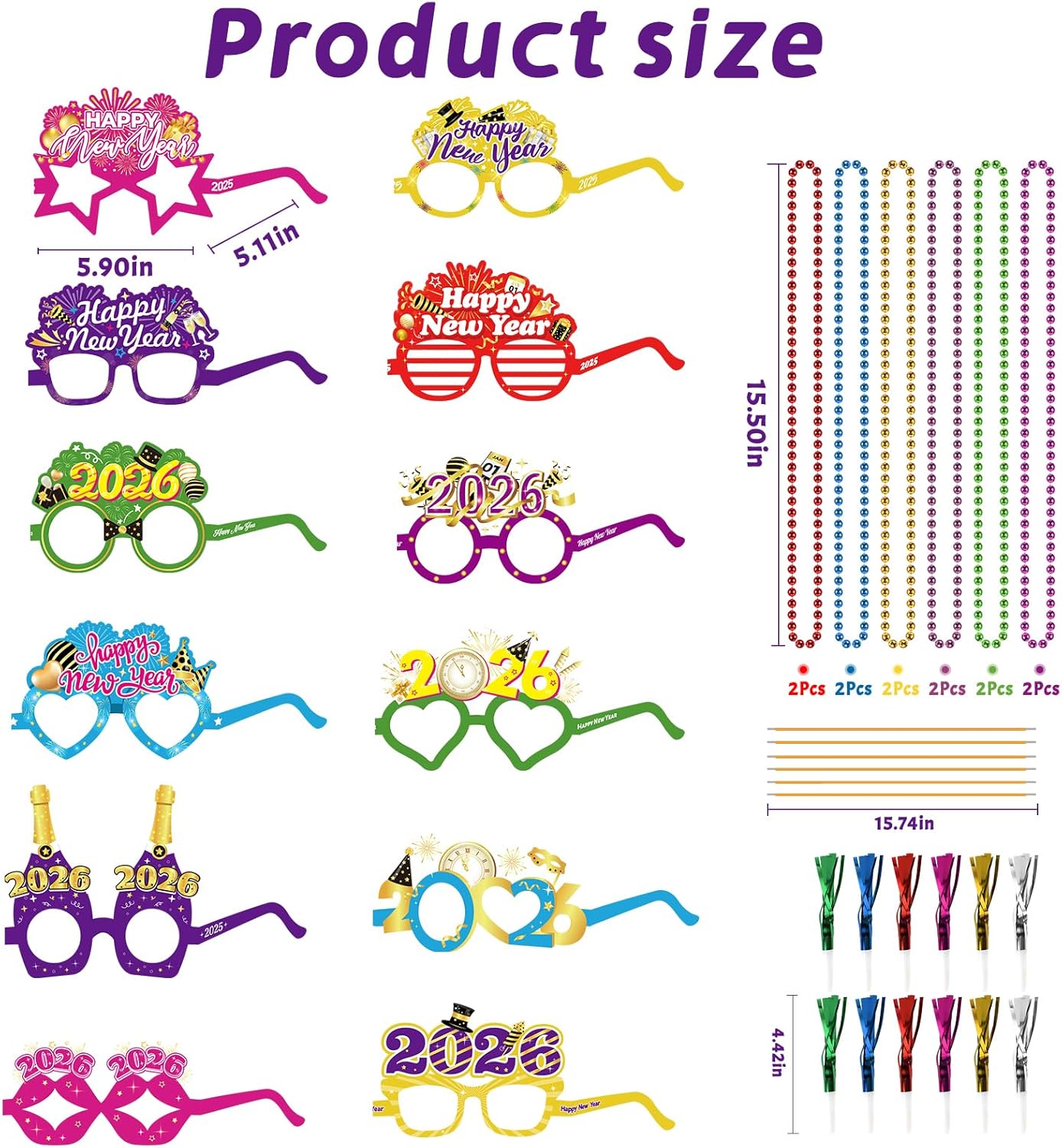 HOWAF New Years Eve Party Supplies 2026, 48 Pieces Colorful New Years Eve Hats Happy New Year Headband 2026 Glasses Party Blowouts and Necklace NYE Party Supplies New Years Eve Accessories Kit - Image 3