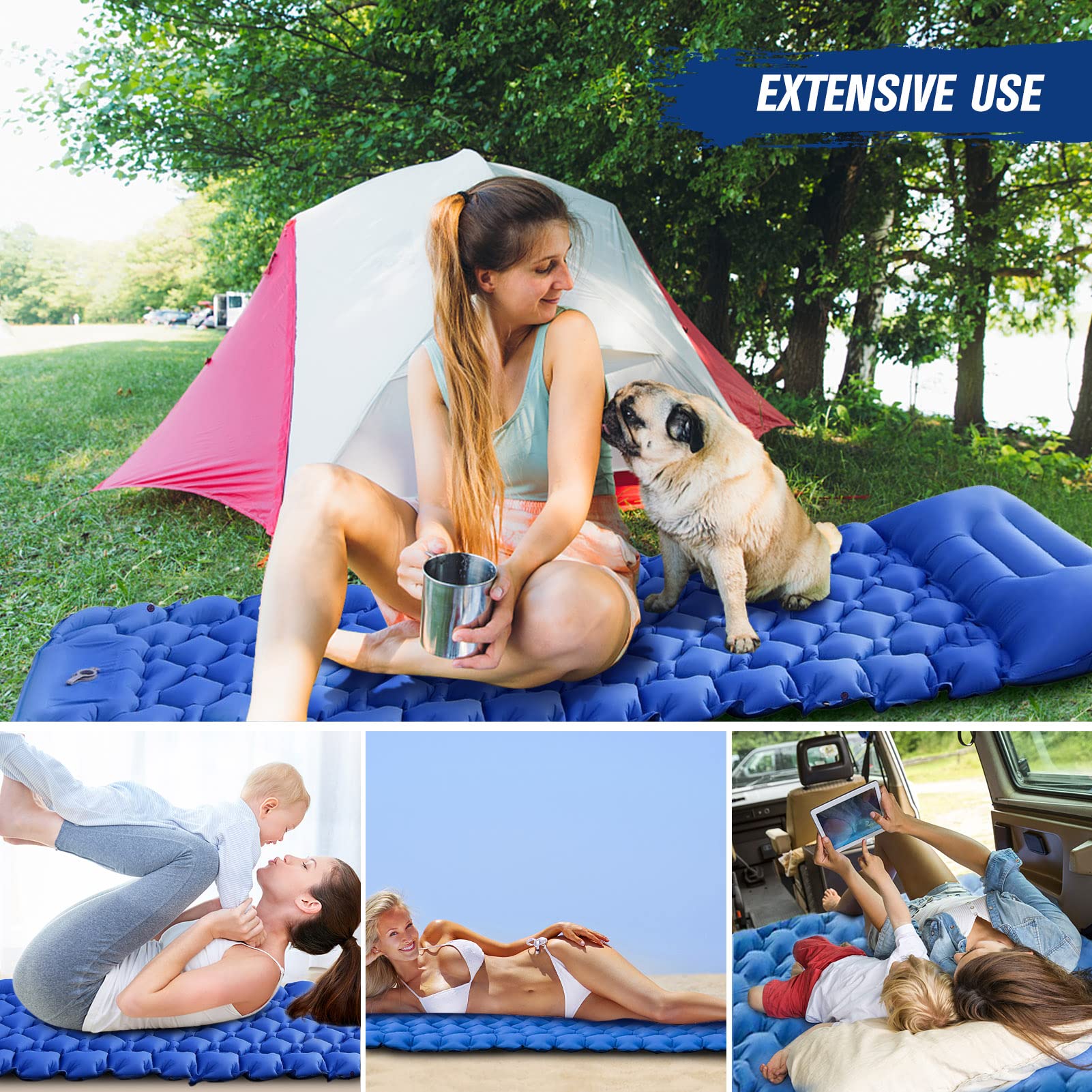 Lightweight Camping Mat, Air Mattress with Air Pillow, Backpacking Sleeping Pad, Suitable for Hiking, Camping, Fishing (Blue)