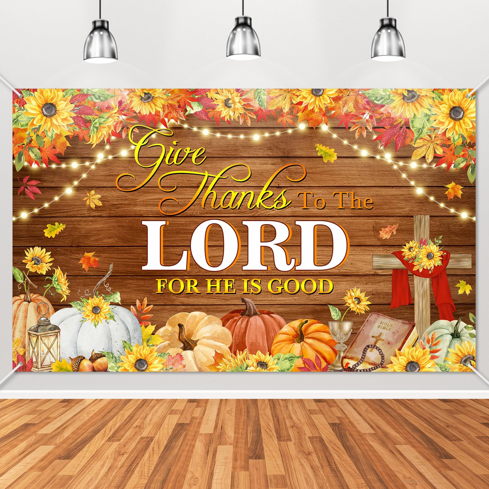 Mocsicka Give Thanks to The Lord Backdrop Christian Thanksgiving Banner Autumn Maple Leaves Pumpkins Religious Thanksgiving Harvest Party Supplies Wall Decor (6x3.6ft