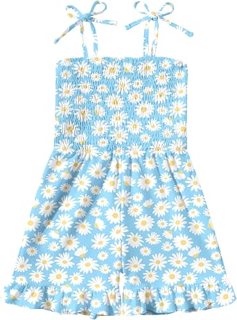 Girls Sleeveless Jumpsuits Smocked Adjustable Tie-Up Strap Shorts Romper Summer Outfits 3-7 Years