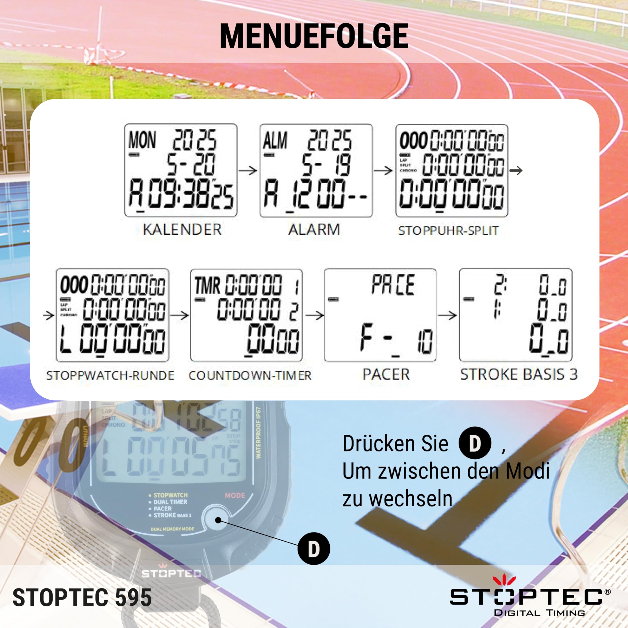 Stoptec Cronometro 595, grande display a 3 righe, meccanismo a punto di pressione, 100 memoria, doppio timer, Pacer, misurazione del numero di impatti, display e suono commutabili, resistente alla