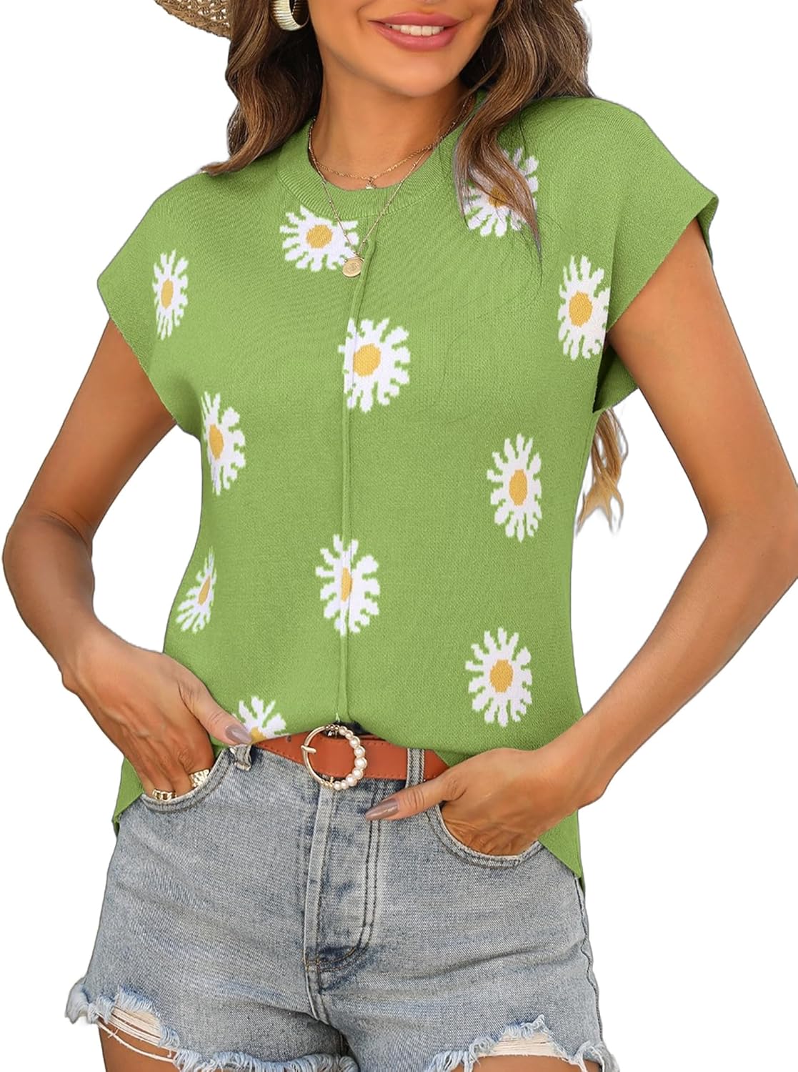 Zeagoo Women’s Cap Sleeve Sweater Vest Crew Neck Sleeveless Casual Knit Tops 2024 Summer Clothes S-XXL