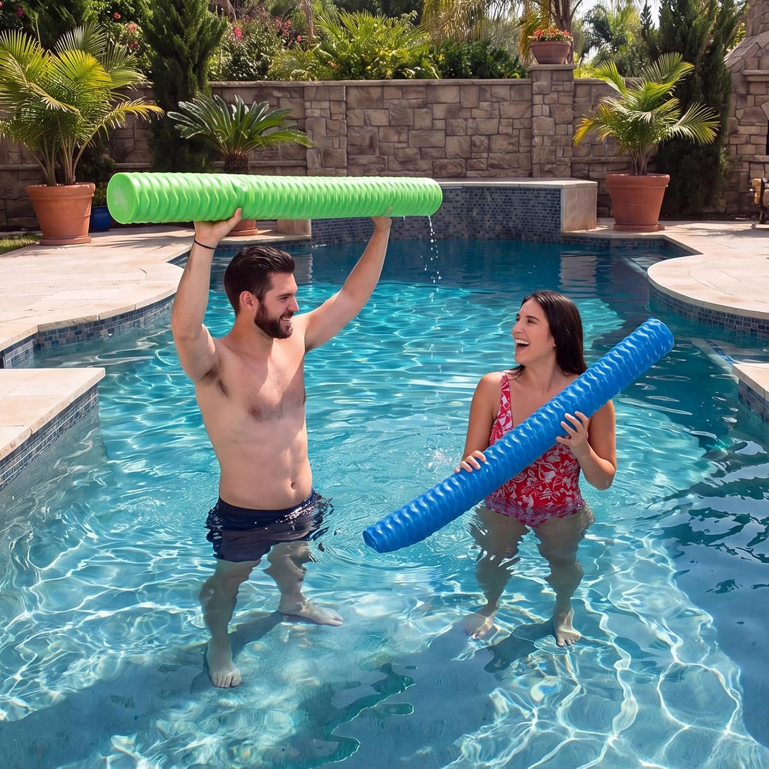 NEWBULIG Swim Noodles, 46-Inch Pool Noodles with Anti-Slip Ripple Design, Jumbo Pool Floats, Premium NBR Closed-Cell Foam, Chemical Resistant, for Lake and Beach, Blue and Green