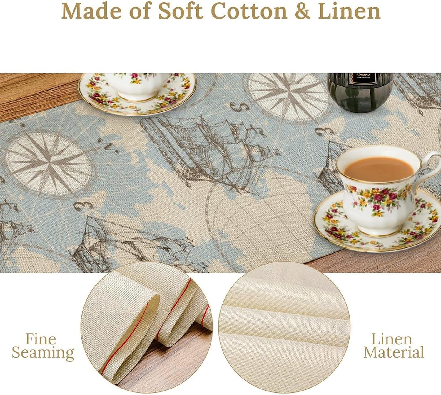 Nautical Map Table Runner,Vintage Blue Sketch Ocean Theme Coral Sailboat Lighthouse Compass Anchor Pattern Table Runner for Coffee Table Dining Room Table Bedroom Party Holiday Decor 13x90inch