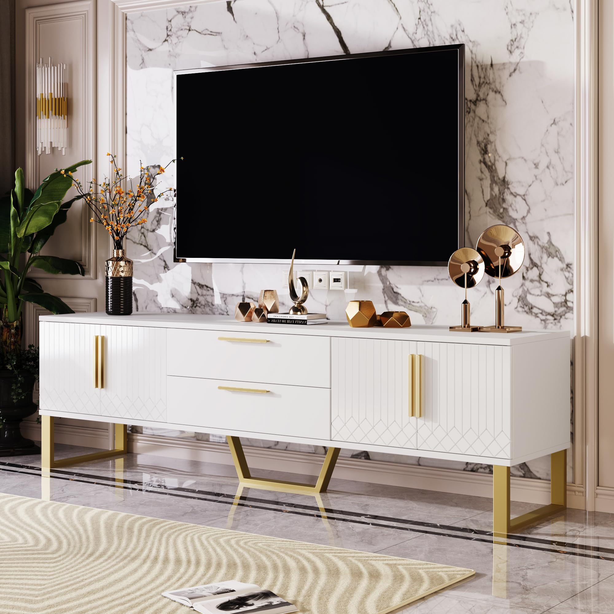 Mueble de TV de alto brillo: suelo, asas y patas doradas, solución de almacenamiento para el salón, combinación perfecta de elegancia, lujo y funcionalidad, 170 x 40 x 53 cm (blanco+dorado)
