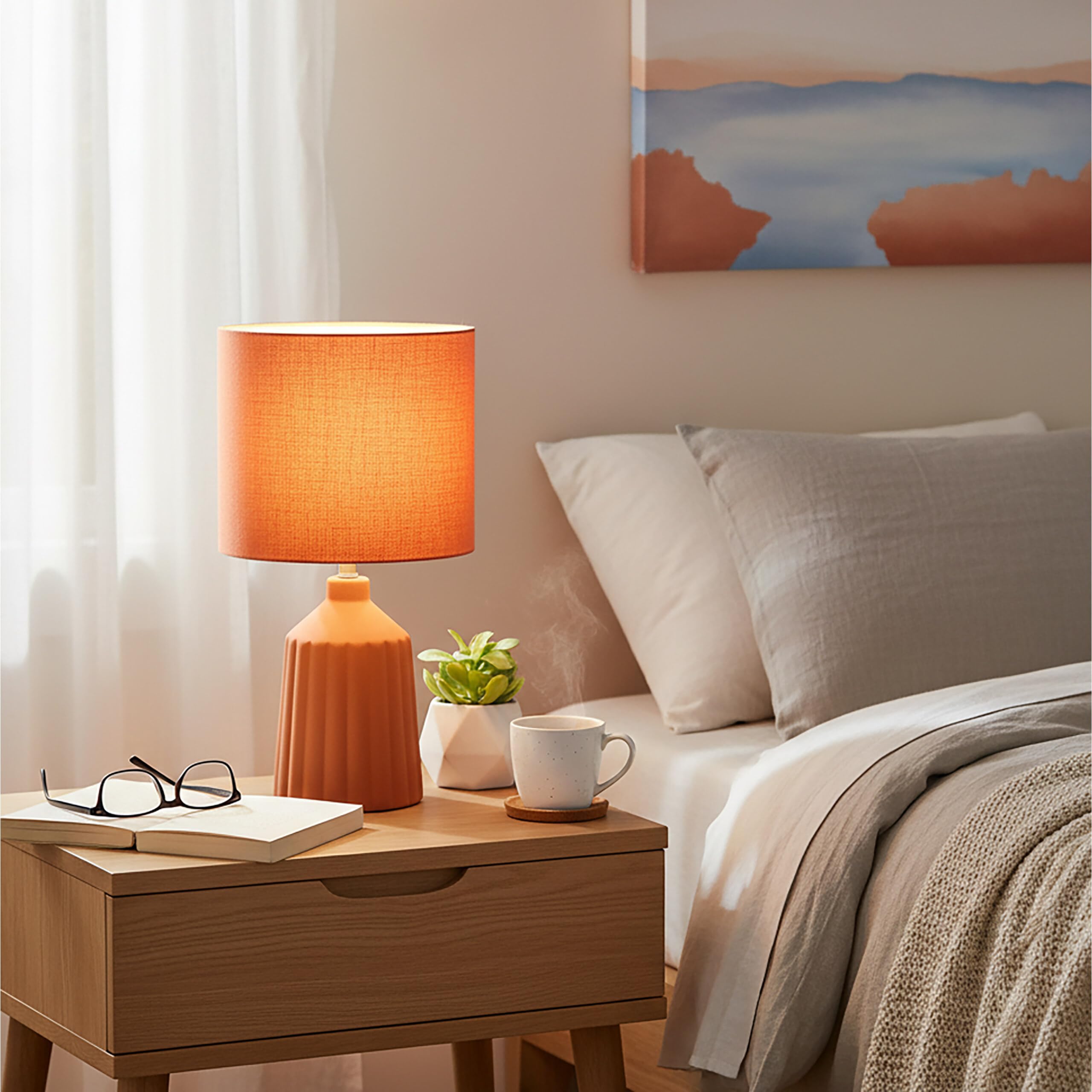Relaxdays Lampa stołowa, wzorzysta podstawa ceramiczna, abażur z materiału, E27, wys. x śr.: 42 x 23 cm, lampka nocna z kablem, terakota