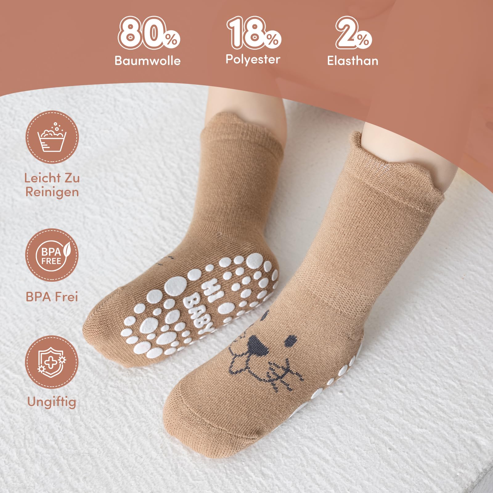 SockWaddles Stopper Socks Children Baby 5 Pairs ABS Breathable Non-Slip Socks Children, Crawling Socks Baby Cotton, Boys and Girls Crew Socks with Animals, White Bear, 1-3 Jahre 1