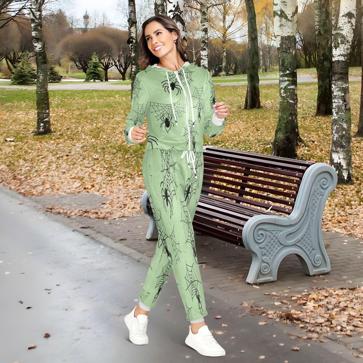 Conjunto deportivo de 2 piezas para mujer, diseño de telaraña negra, conjunto deportivo de manga larga para Halloween