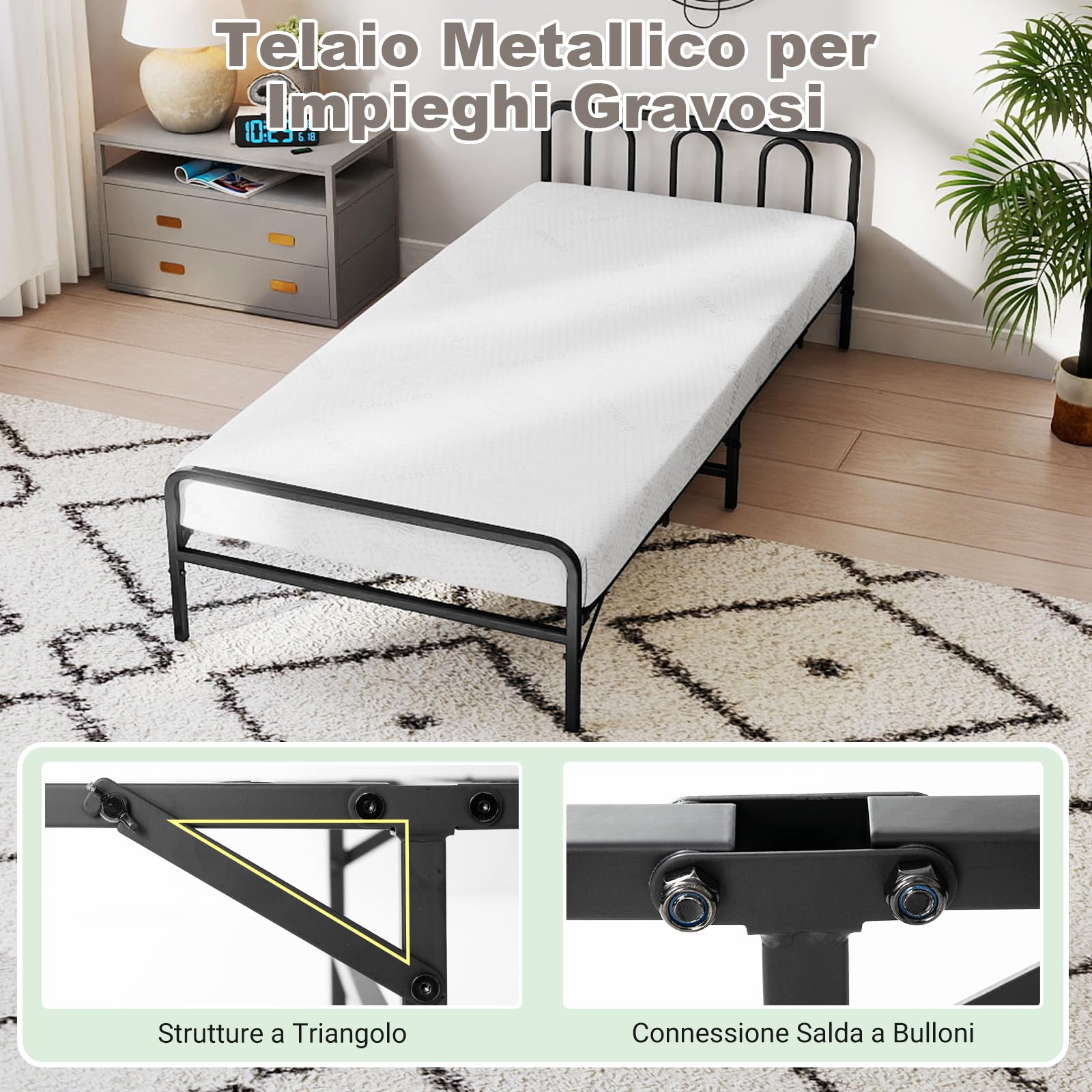COSTWAY Brandina Pieghevole con Materasso, Letto Portatile con Testiera e Pediera, con Schiuma di Memoria per Camera Ospiti, Dormitorio, Appartamento, 200x90cm