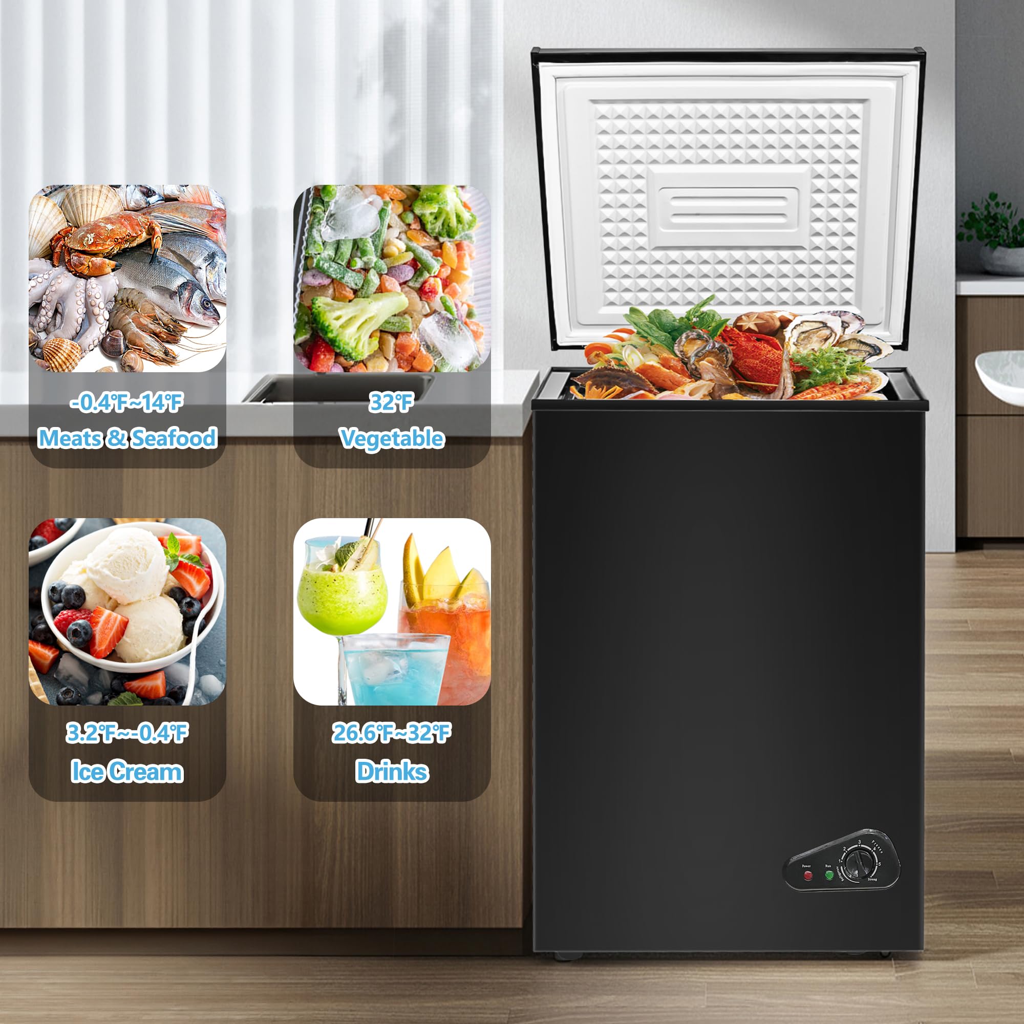 Chest Freezer 5.0 Cu.Ft Deep Freezer with 2 Removable Basket Small Freezer, Adjustable 6 Thermostat,Free-Standing Top Door, Energy Saving, Quiet Mini Freezer for Home/Garage/Dorm, Black
