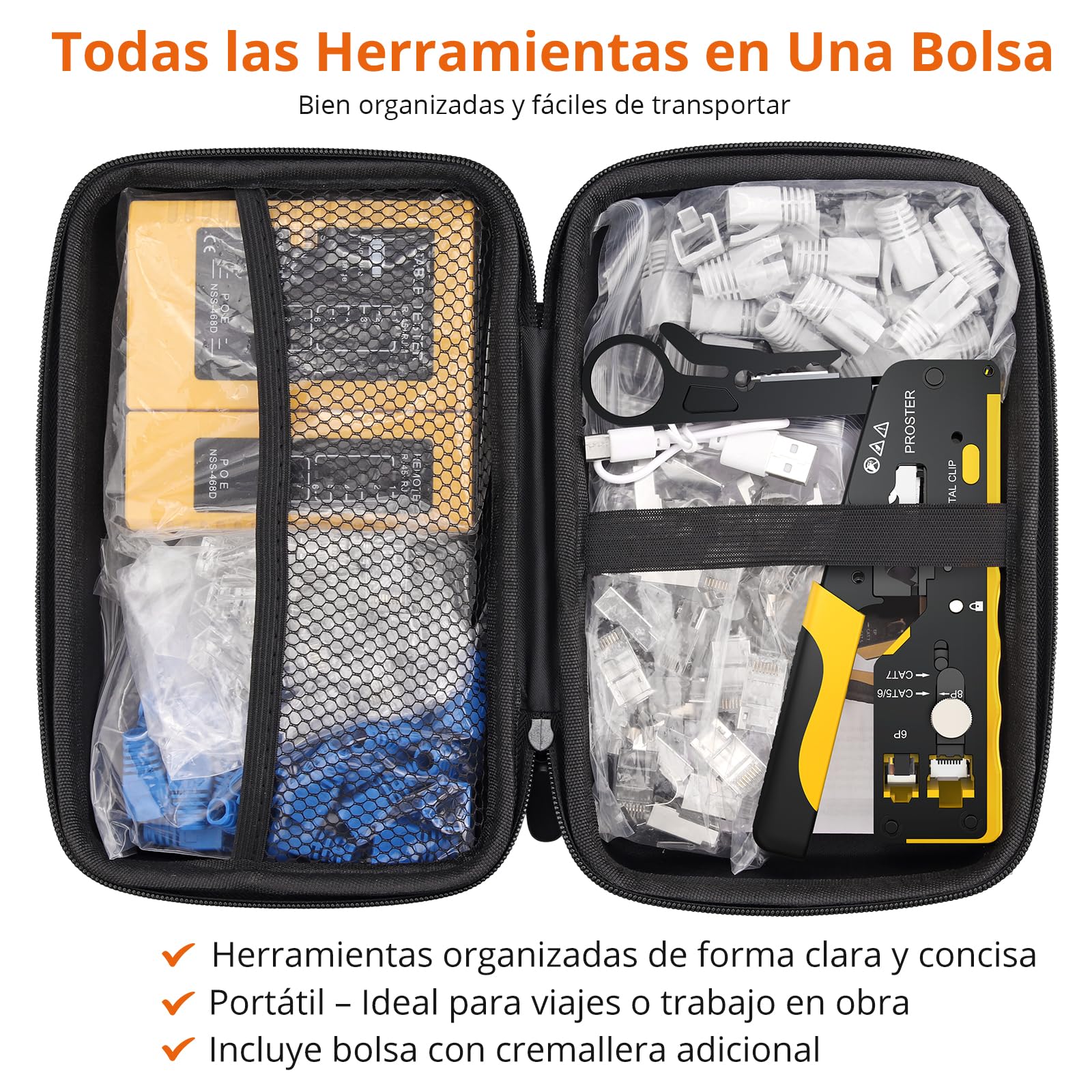 Proster Juego de Crimpadora CAT7 Profesional con Conectores Blindados y Probador Recargable