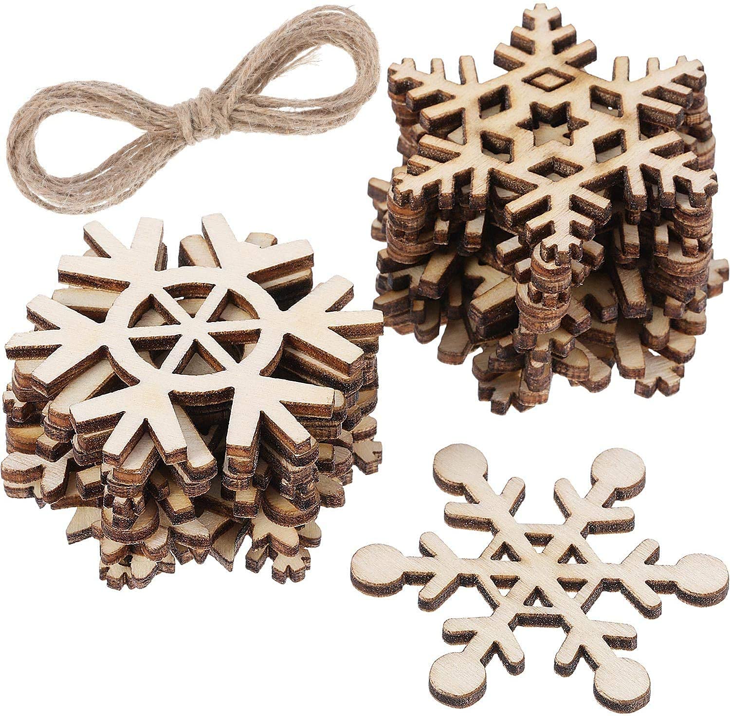 Printfry 50 Pieces Pine Snowflake Ornaments Unfinished DIY Laser Cutout Snowflake Cutouts Christmas Tree Hanging Ornaments with Strings for DIY Christmas Decorations (10 cm)