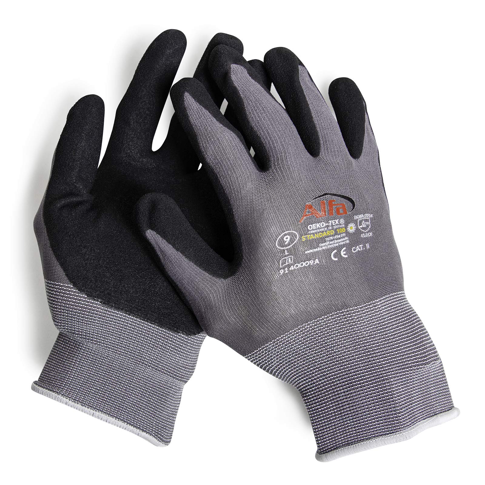 Alfa 12x Montagehandschuh Active Flex Gr. 10/XL Nitril ÖKO-Tex – Allround | Profi Qualität – Atmungsaktive Montagehandschuhe mit Nitrilbeschichtung für sicheren Trocken- und Nassgriff nach ÖKO-Tex.