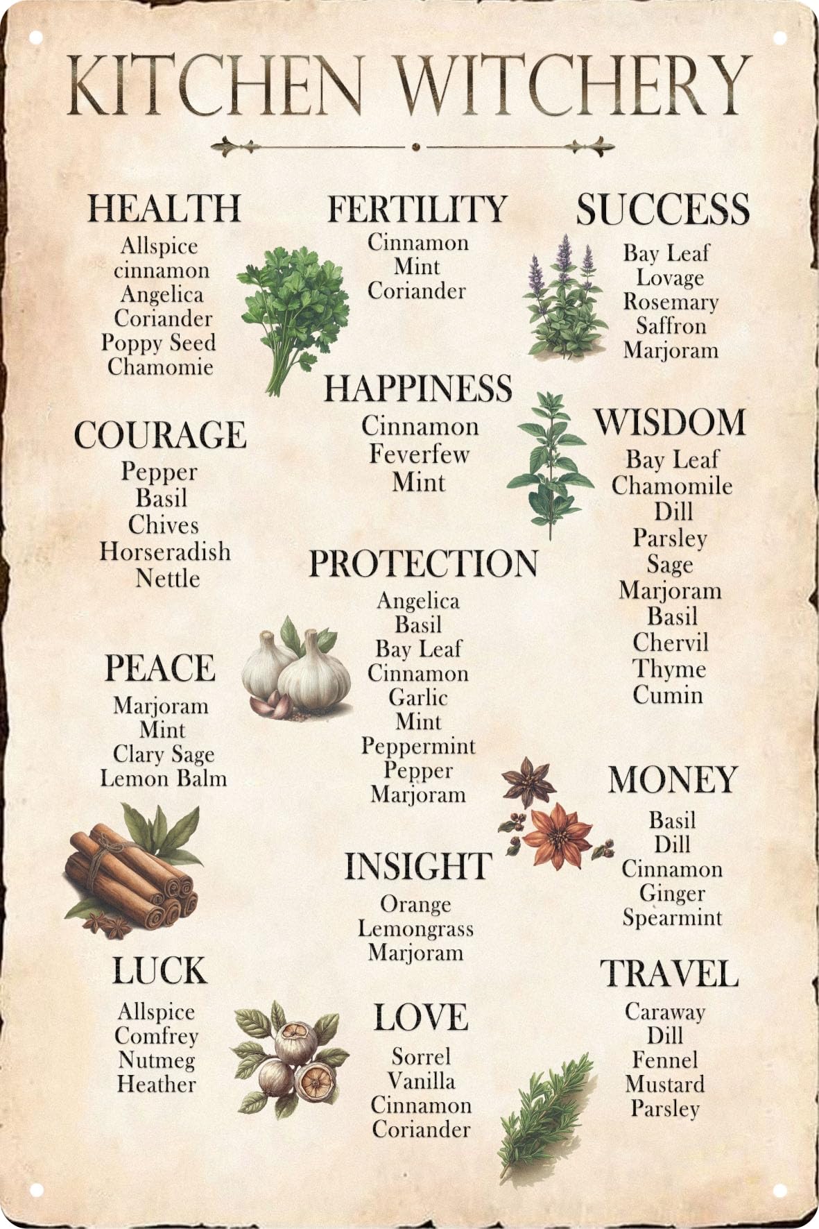 Kitchen Witch Poster Retro Metal Wall Decor Vegetable Poster Wall Art Mystical Wall Art for Witches, Herbalists and Kitchen Decoration Lovers 12x8 Inches