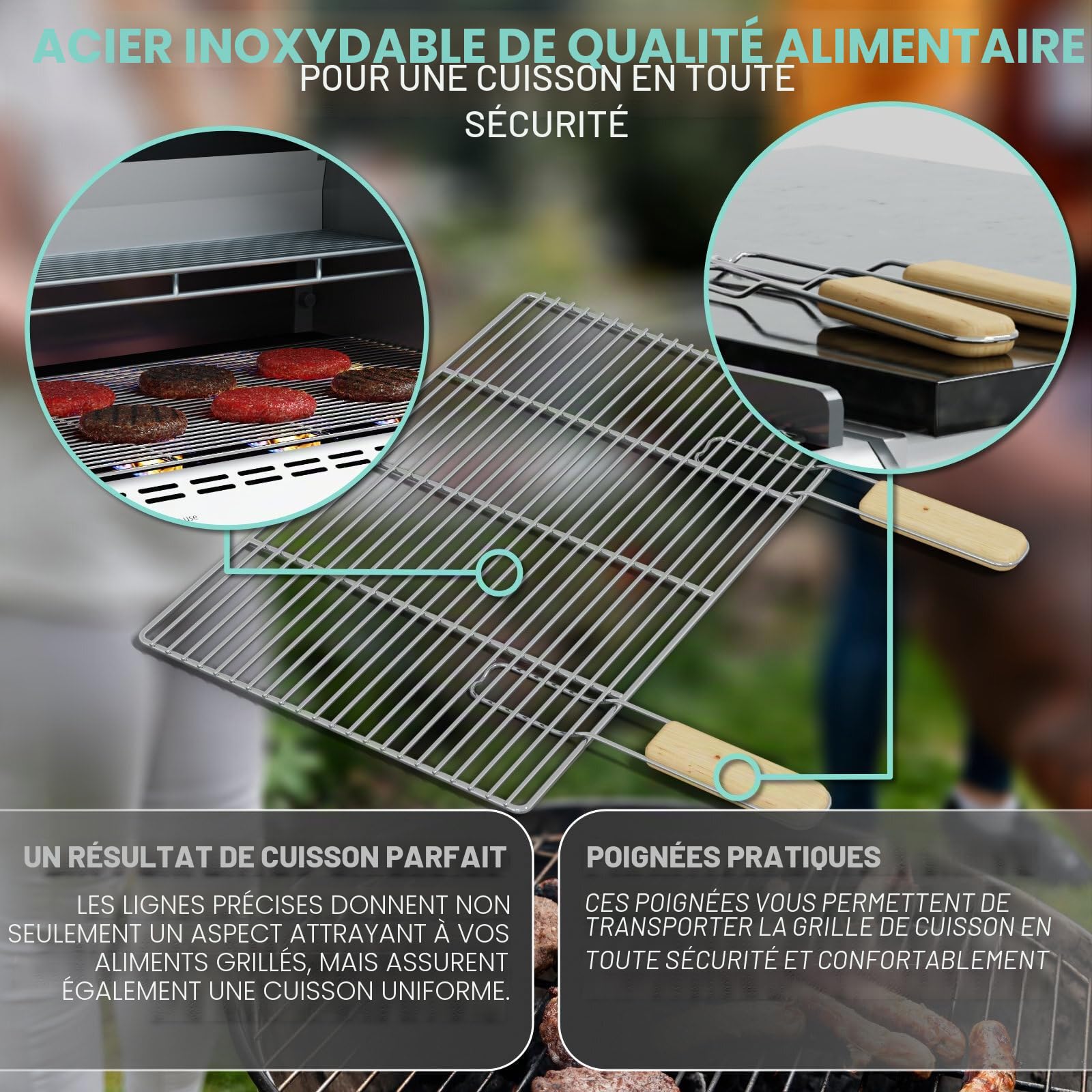 HAGO Grille de barbecue rectangulaire en acier inoxydable - 54 x 34 cm - Grille de rechange - Universelle - Avec poignées - En acier inoxydable - Massif - Barbecue à gaz - Barbecue au charbon