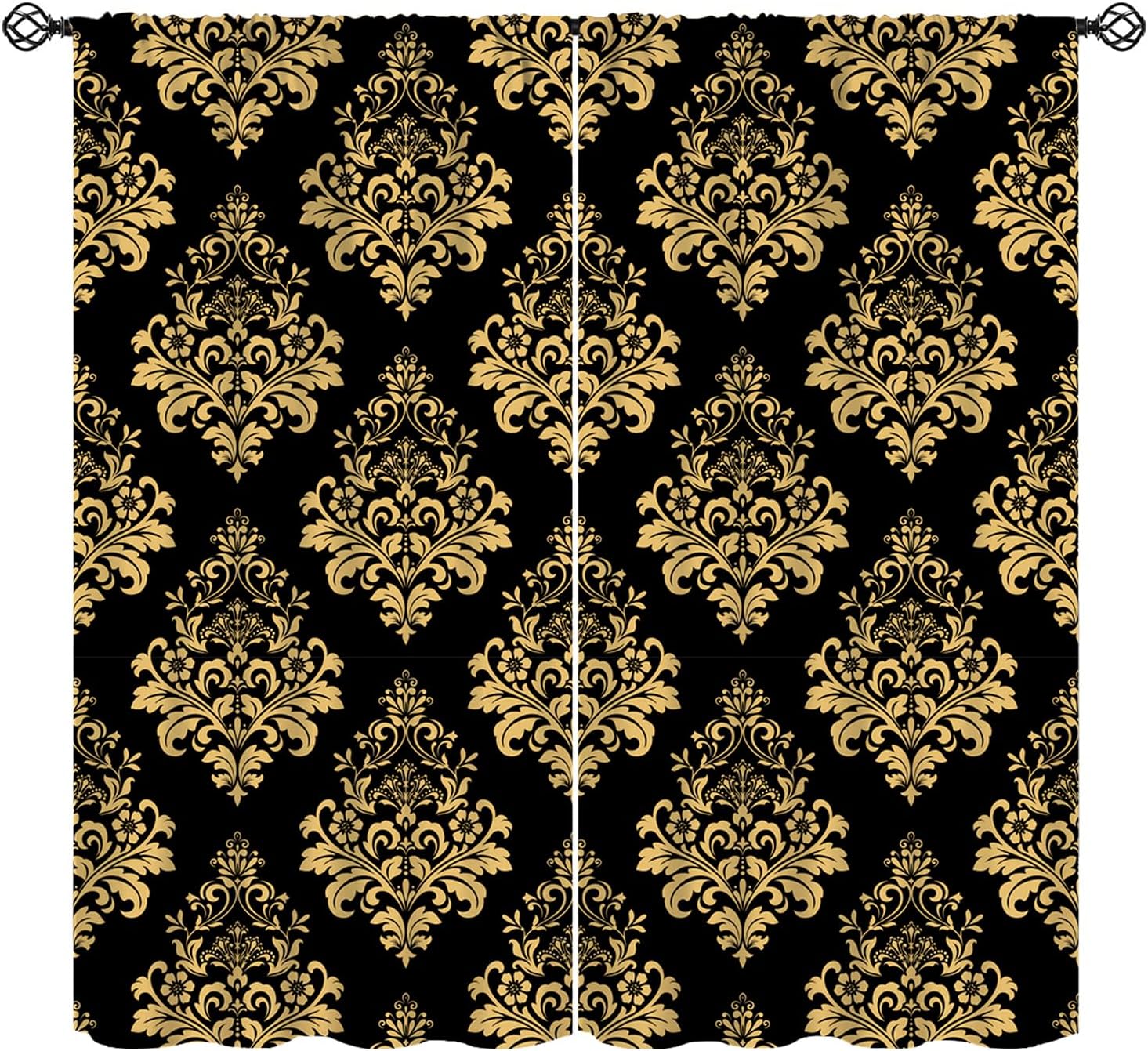 Baroque Style Curtains, Gold Black Floral Ornament Retro Damask Pattern Window Treatments, Rod Pocket Thermal Insulated Drapes 2 Panel Sets for Bedroom Living Room, 42" W X 45" L【Decor】