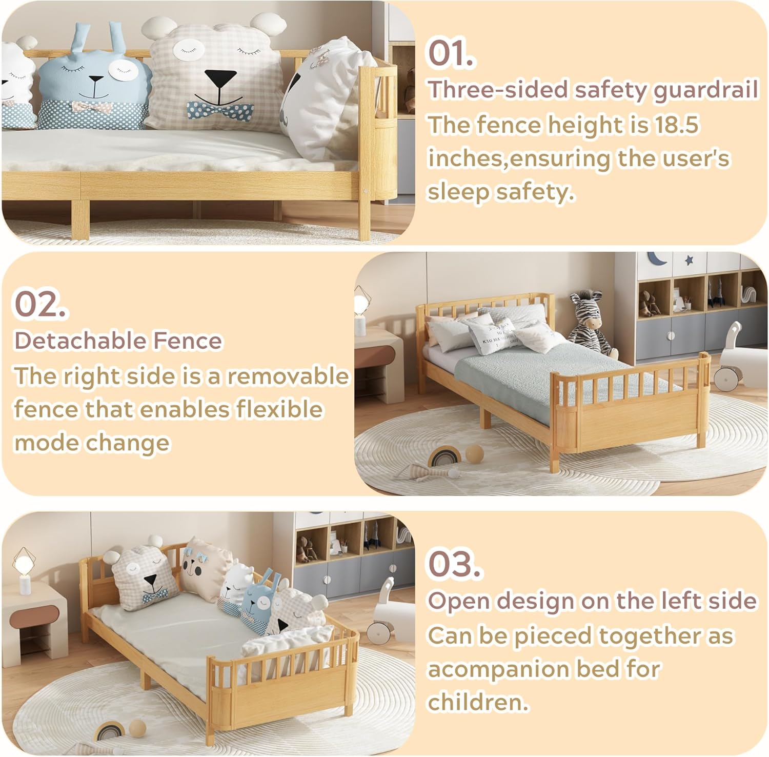 Twin XL Size Bed Frame Kids, Solid Wood Montessori Bed with Detachable Side Fences and Safety Rails, Kids Daybed Frame for Boys’ and Girls’ Room, Low Profile & Rounded Corners Design, Natural