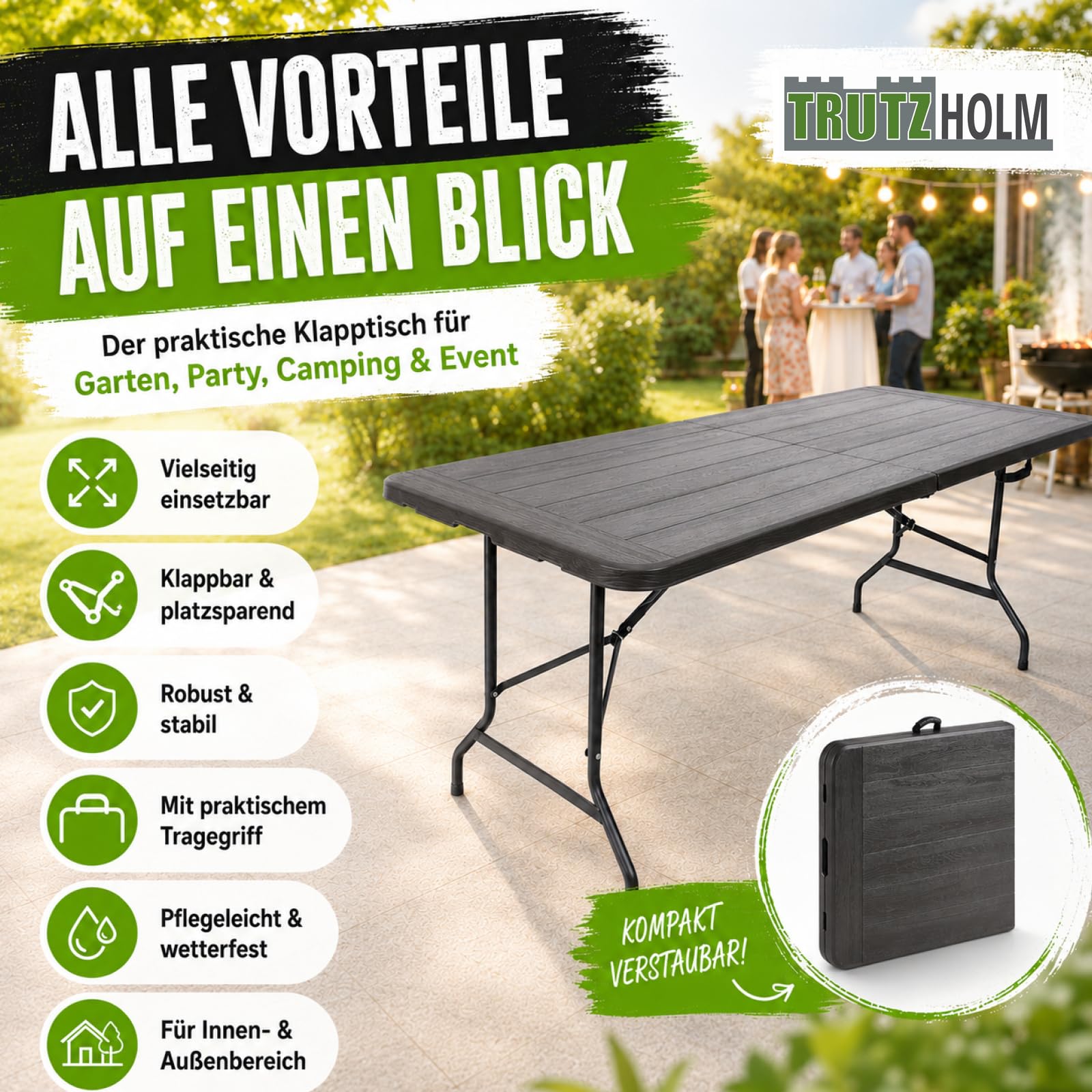 TRUTZHOLM Gartentisch Verkaufstisch Esstisch Bierzelttisch Klapptisch 180 x 75 x72 cm klappbar Campingtisch Partytisch 8 Personen mit Tragegriff Weiß (grau)