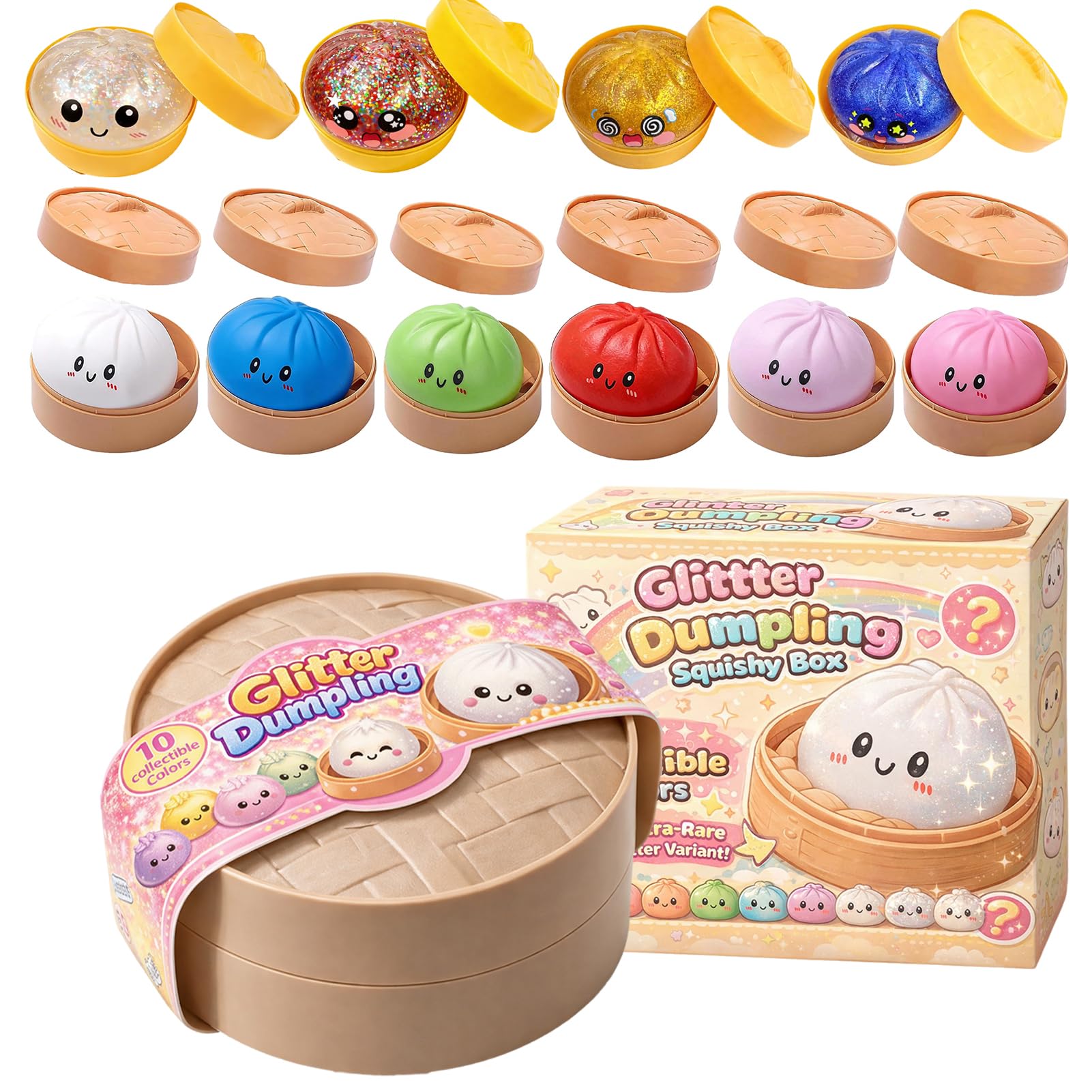 Dumplings Squishy, Glitter Dumpling Squishy, Squishiest Dumplings with Steamer Box, Random Color, Non-Edible, Find the Ultra-Rare White Glitter Variant (Random-Set C, 1Pc) — image 1