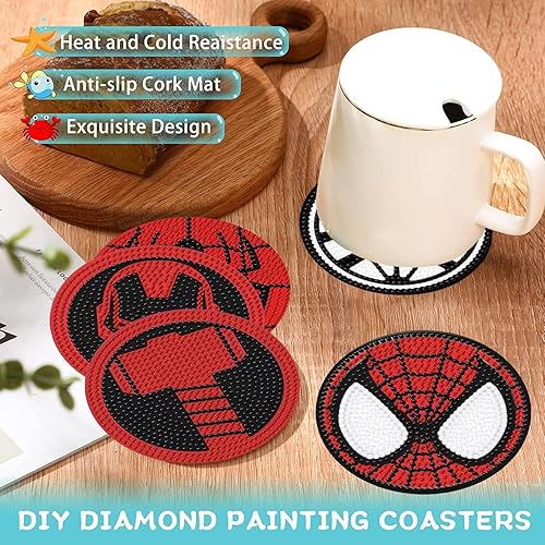 Miniatura 6 de LWZAYS 8 posavasos de pintura de diamante de superhéroe, posavasos de arte de diamante con soporte, kits de pintura de diamantes para adultos, niños