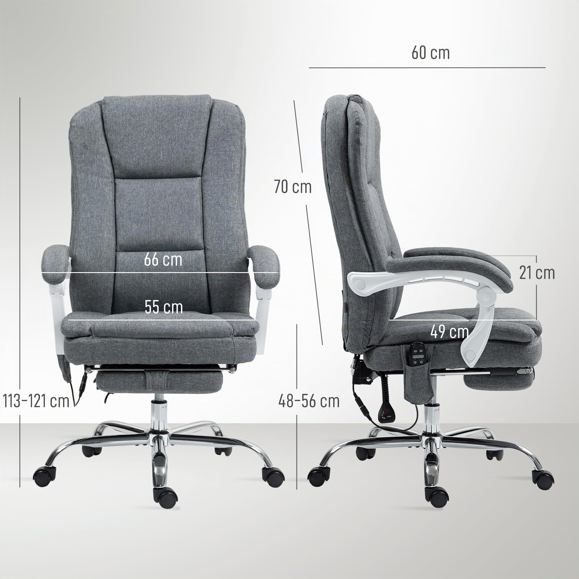 HOMCOM Fauteuil de Bureau massant et Chauffant, Hauteur réglable, Gris