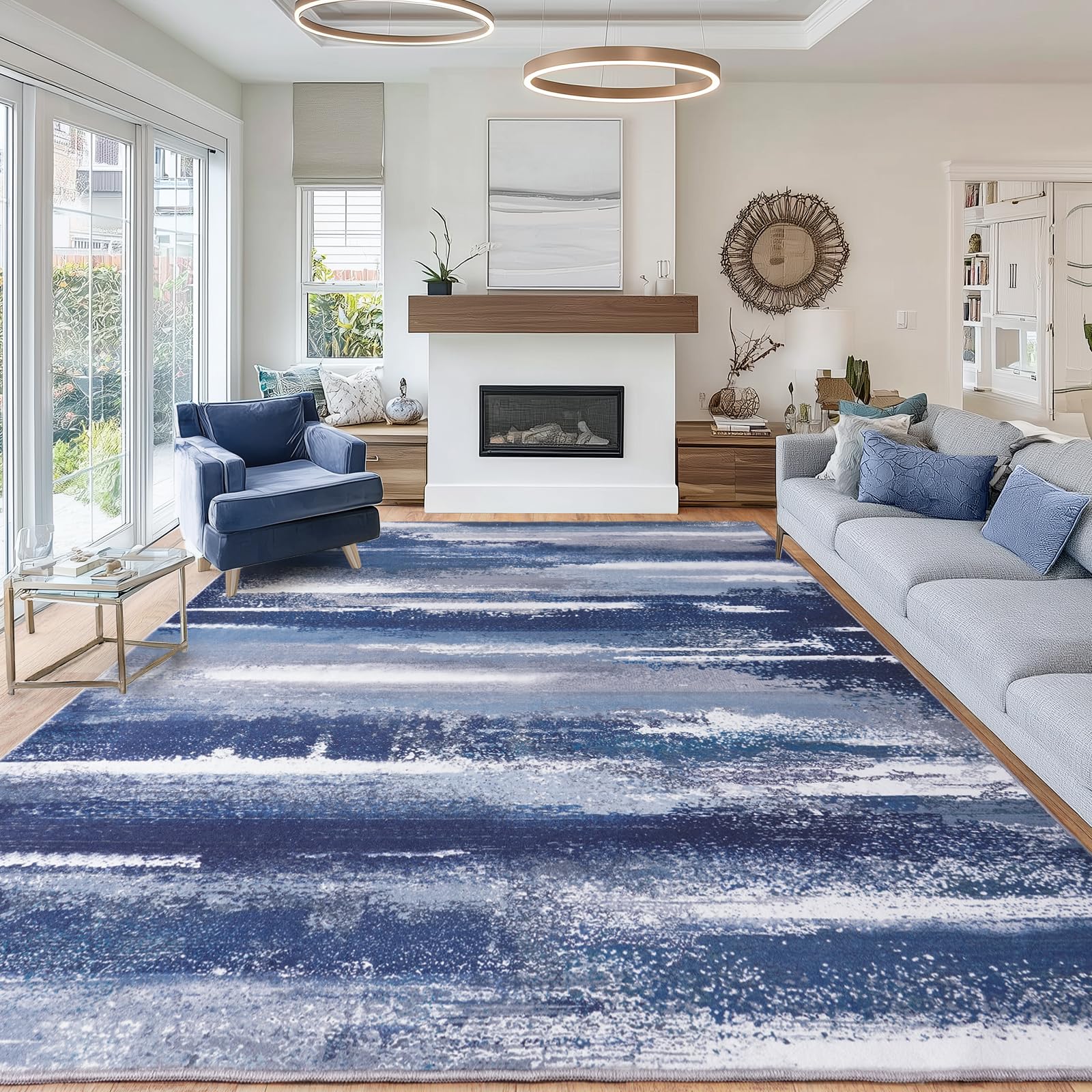 Rezutan Modern Abstract Area Rug 200x300cm, Washable Large Living Room Rugs Non-Slip & Short Pile Carpet for Bedroom, Dining Room, Office Decor - Blue Grey