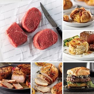 Favorites Steakhouse Bundle (4 Butcher's Cut Top Sirloins, 4 Air-Chilled Boneless Chicken Breasts, 4 Boneless Pork Chops, 4 PureGround Filet Mignon Burgers, 4 Gourmet Jumbo Franks, 4 Individual Scalloped Potatoes, 4 Caramel Apple Tartlets, 1 jar Omaha Steaks Seasoning)