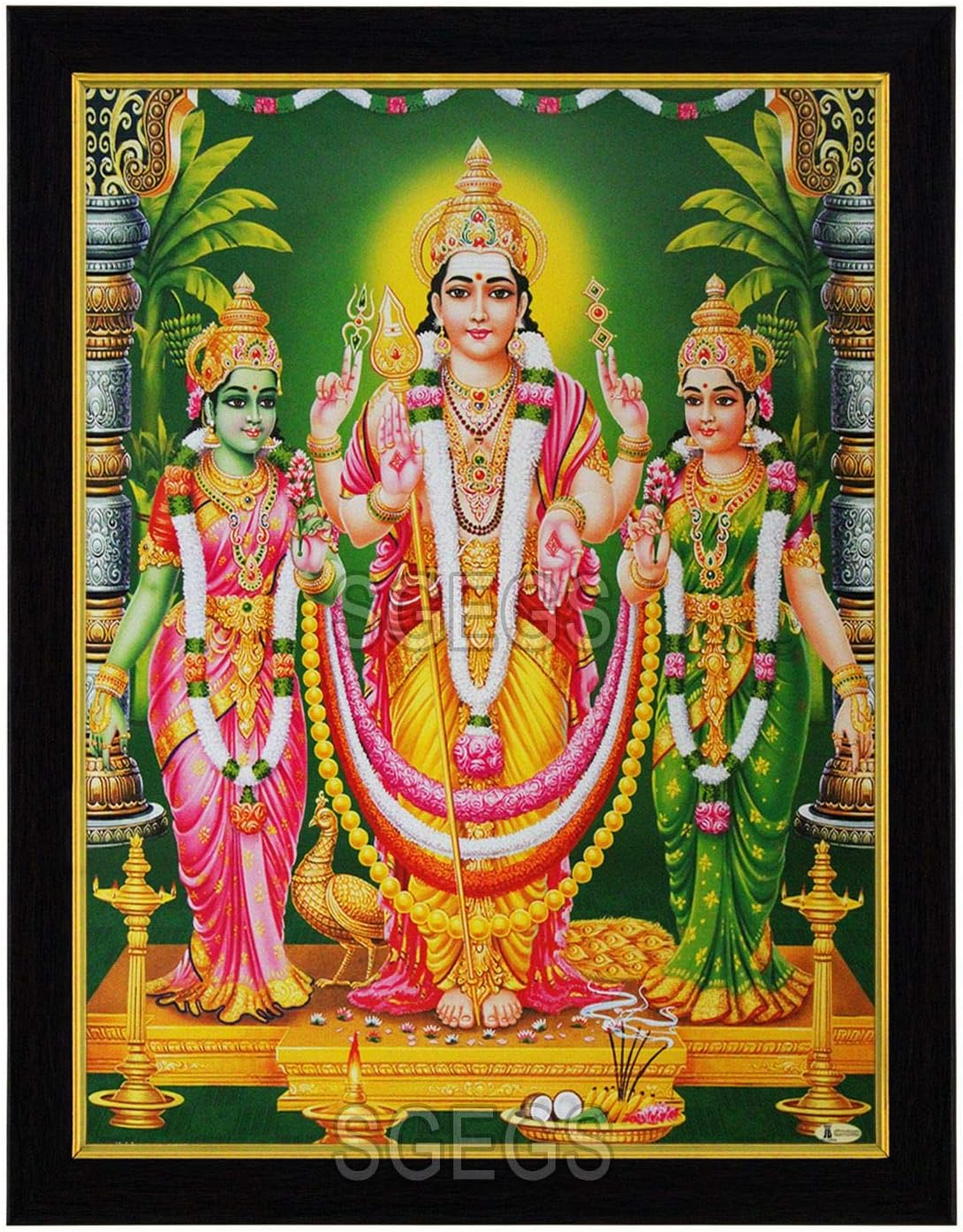 SHREE GANESH ENTERPRISE GIFTING SOLUTIONS Lord Murugan with Valli and Devasena HD Photo Frame God Kartikeya Painting Pooja Wall Hanging (Wood, Poster with Frame, Multicolour, 23.5x1x31cm)