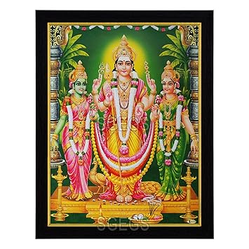 SHREE GANESH ENTERPRISE GIFTING SOLUTIONS Lord Murugan with Valli and Devasena HD Photo Frame God Kartikeya Painting Pooja Wall Hanging (Wood, Poster with Frame, Multicolour, 25x1x31cm)