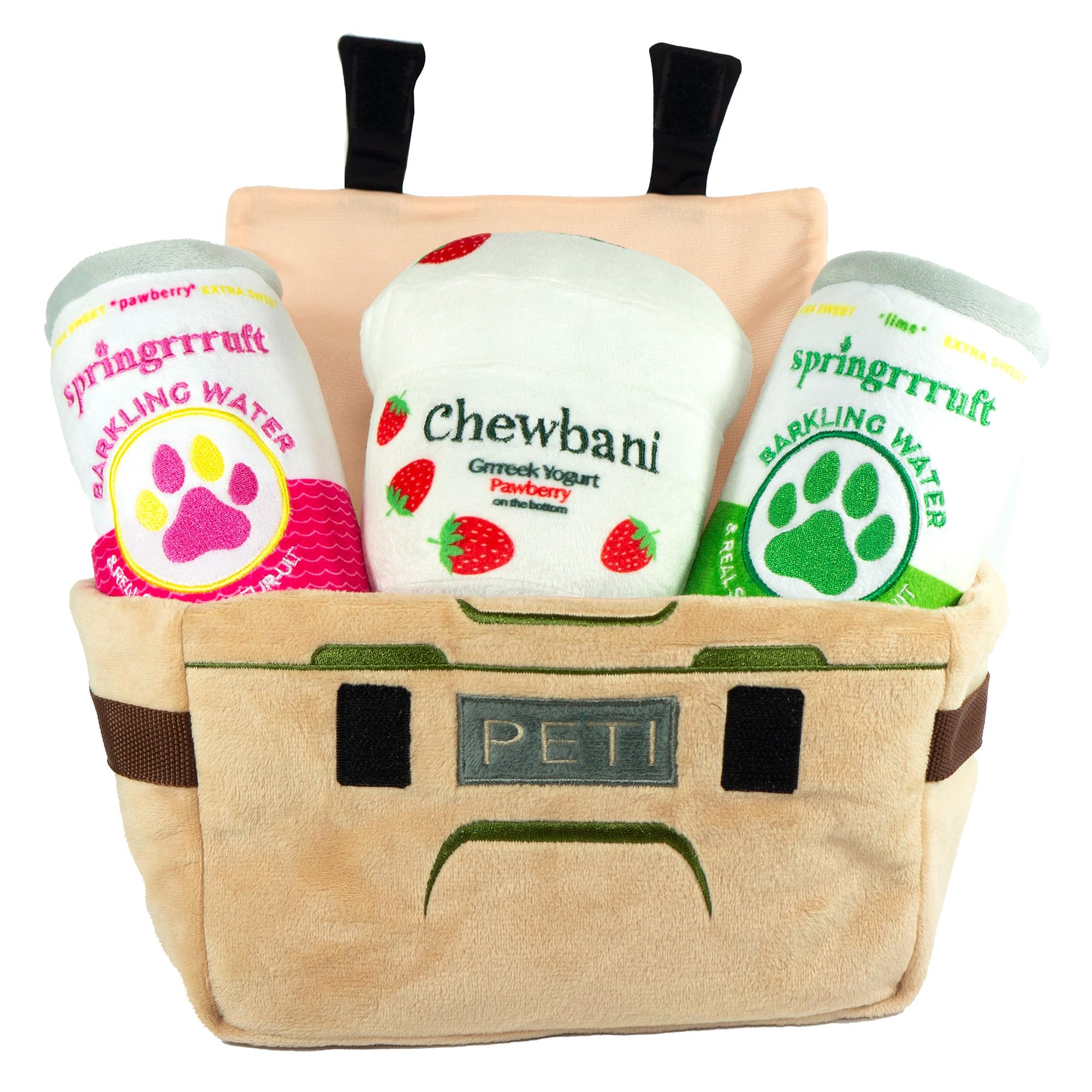 Chomp Haus Peti Cooler Chewbani Bundle Plush Dog Toy Set with Barkling Water Yogurt and Cooler Squeaky Parody