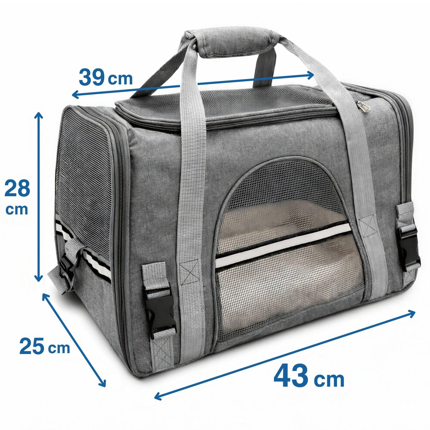 Transportin Gato con ventilación 360° y colchón Suave, Incluye Kit de Viaje con Plato Plegable, Toalla y Porta Bolsas, Seguro para Coche o avión Cabina, transportin Perro pequeño | Gris