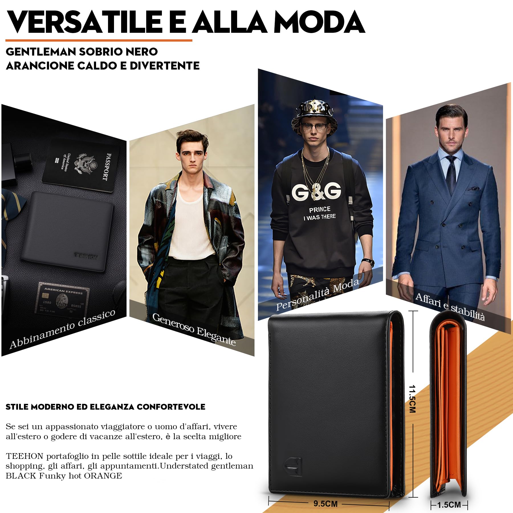 TEEHON® Portafoglio Uomo Slim Vera Pelle Blocco RFID, con Tasca Portamonete,2 Scomparti Banconote,10 Porta Carte di Credito, Portachiavi. Portafogli Piccolo Sottile-nero e arancione