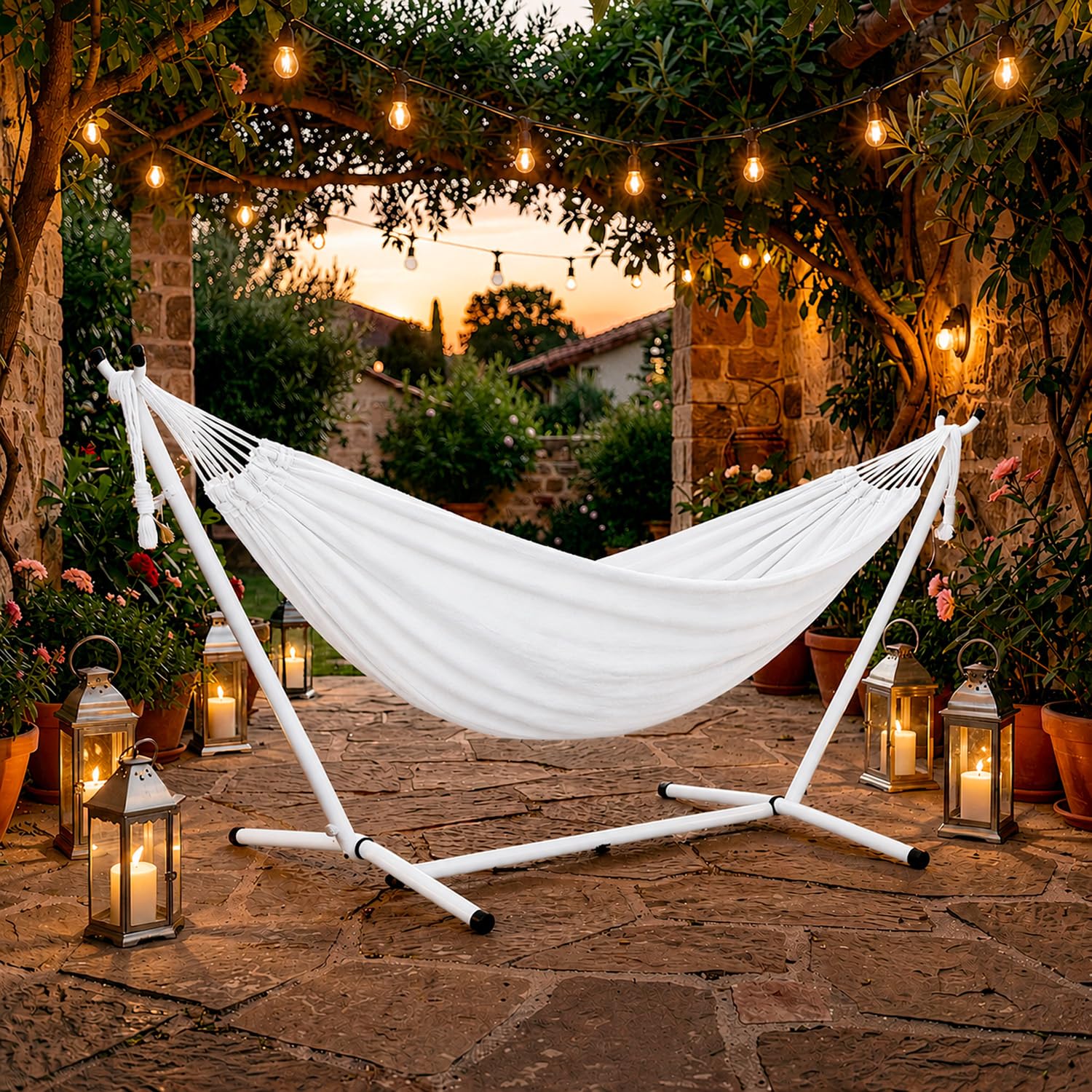 Amaca Da Giardino Con Supporto In Acciaio Portata 200 Kg Altezza Regolabile Telo Cotone Resistente Amaca Brasiliana Esterno Terrazzo Piscina Balcone Con Borsa 265 x 110 x 100 Cm Bianco