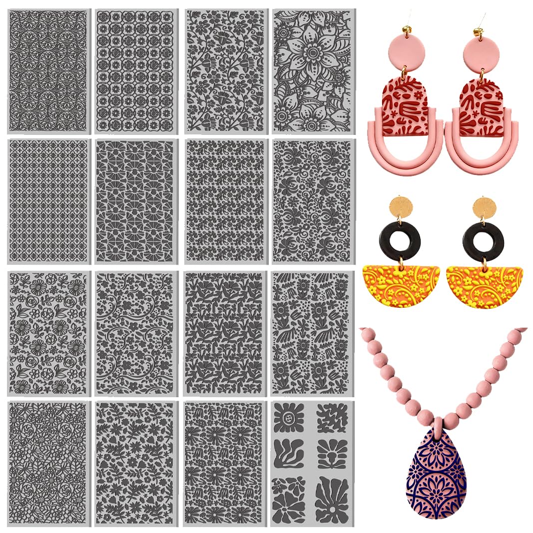 16 Pcs Floral Leaves Pattern Polymer Texture Clay Sheet Vintage Plants Patterns Rubber Texture Mat for Polymer Clay Making Earrings Jewelry DIY Crafts 4 × 2.5 Inch