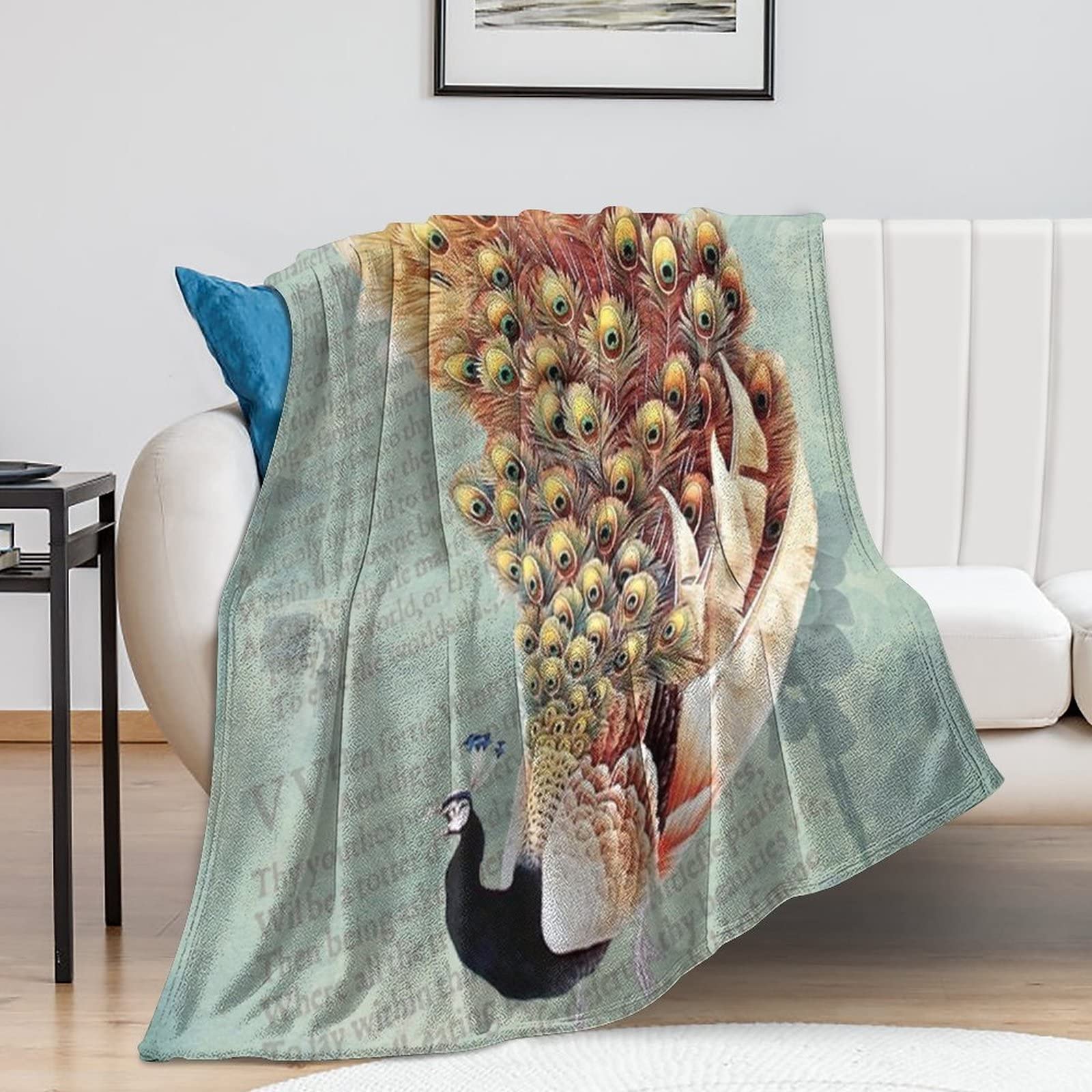 Couverture peluche paon 152x203 cm pour stopper le froid sur le canapé ou au camping