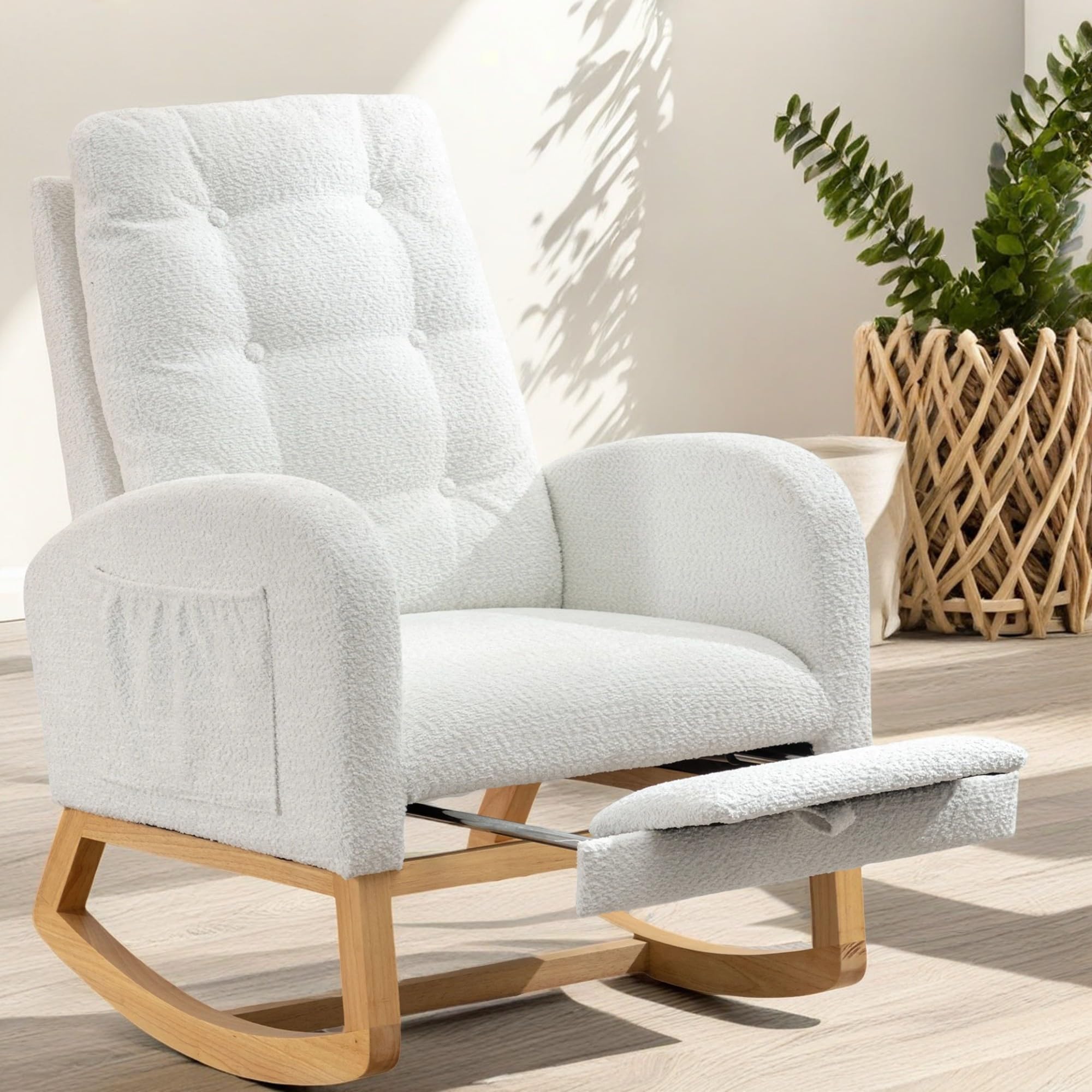 Nursery Rocking Chair with Retractable Footrest and Convenient Storage Pocket Sturdy Wooden Frame 300lb Capacity, Foam Cushion,White