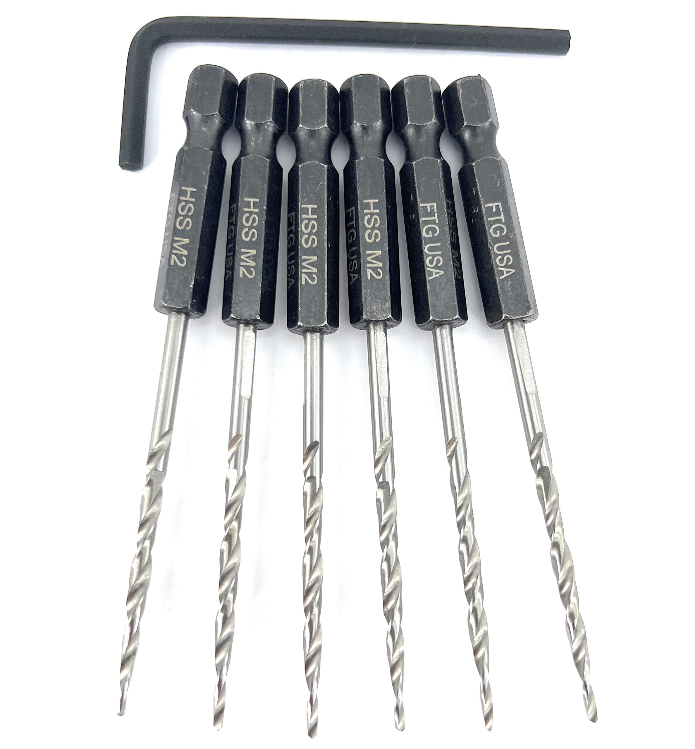 FTG USA #4 Countersink Replacement Drill Bits (7/64") – 6-Pack Of Tapered HSS M2 Bits With Hex Shank & Allen Wrench