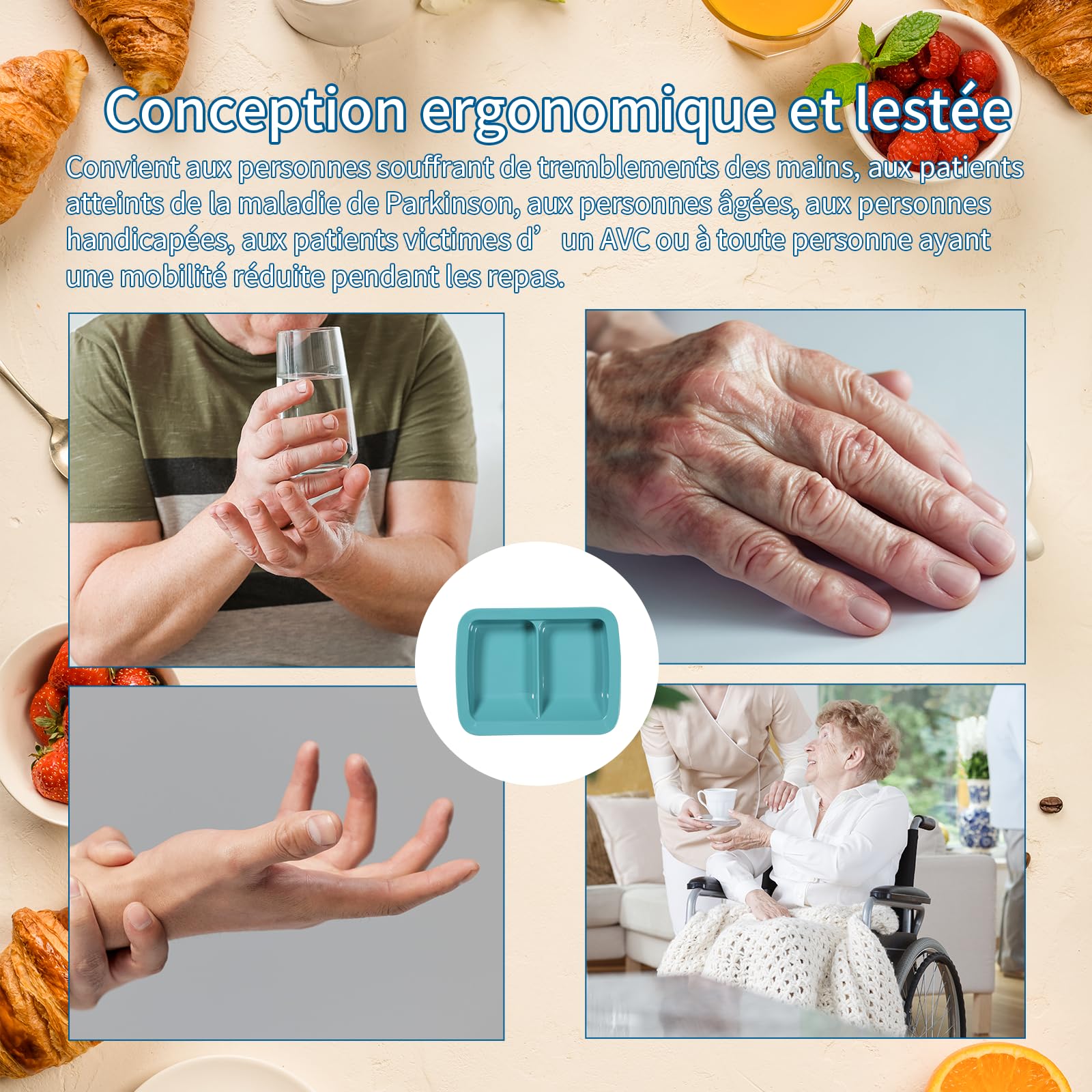 Platos Adaptables De Melamina Con Borde Inclinado Y Antideslizante Con Pared Elevada Para Personas Mayores, Discapacitados, Artríticas De Comer Solo (Cavidades Gemelas)