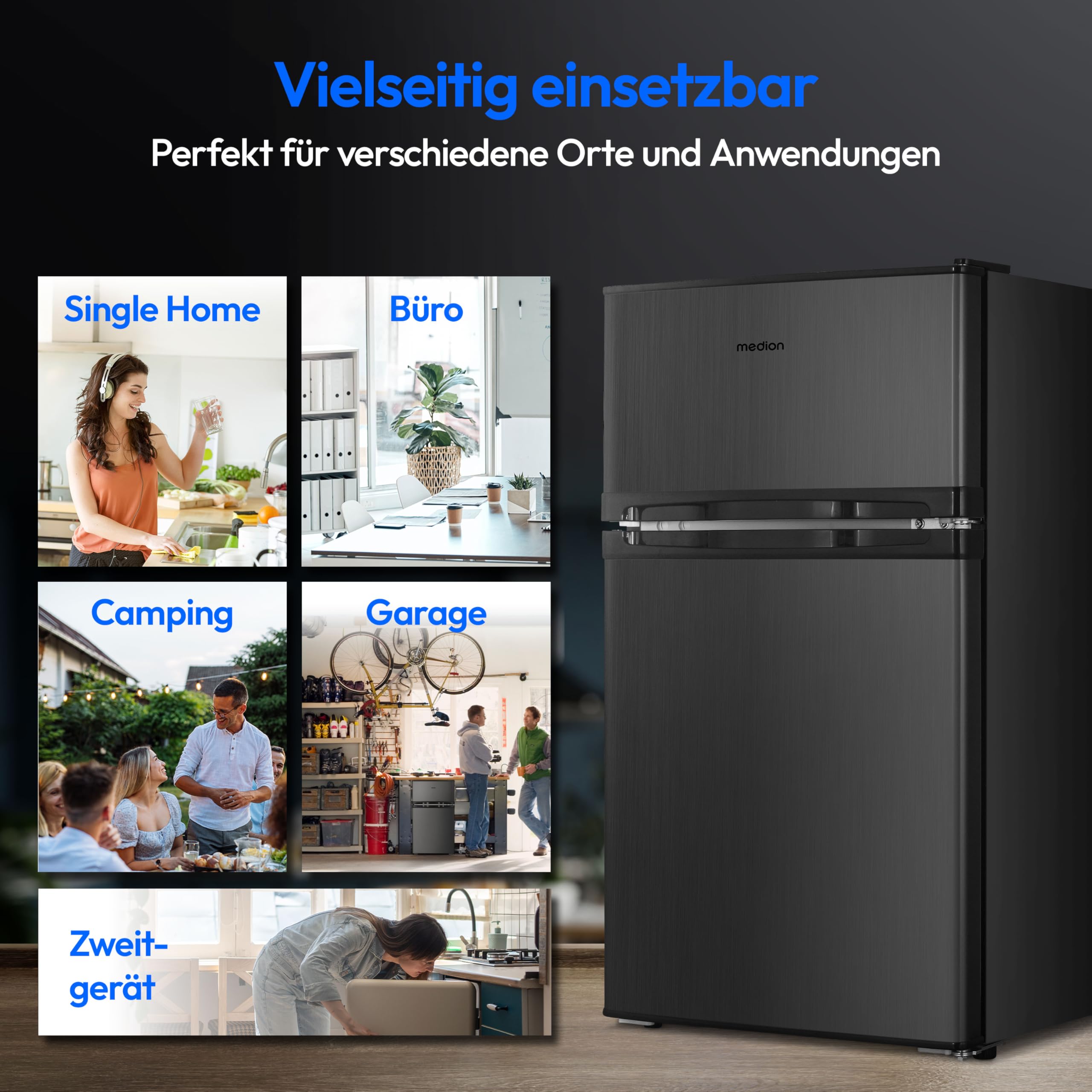 MEDION Mini Kühl-Gefrierkombination (85 Liter, 61L Kühlteil, 24L Gefrierteil, freistehend, 40 dB, transparente Gemüseschublade, Türanschlag wechselbar, MD 37689) grau