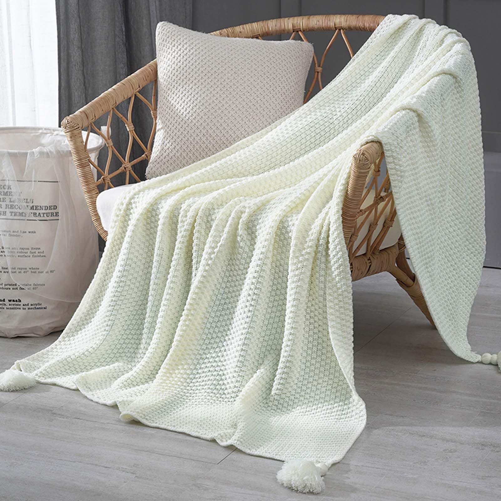 Coperta in maglia a nido d'ape, sciarpa da letto in acrilico, da viaggio, morbida maglia per tutto l'anno, 130 x 230 cm, con nappe decorative con pompon, 8 tonalità di terra solida per