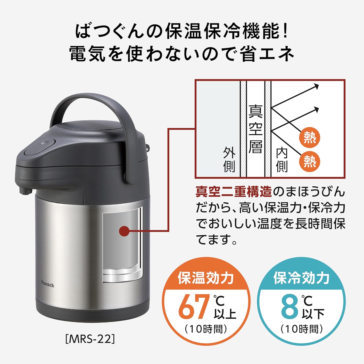 ピーコック魔法瓶工業(The-peacock) ピーコック ステンレス エアーポット 2.2リットル 保温 保冷 省エネ 広口 魔法瓶 ポット 卓上 2.2L MRS-22 XA