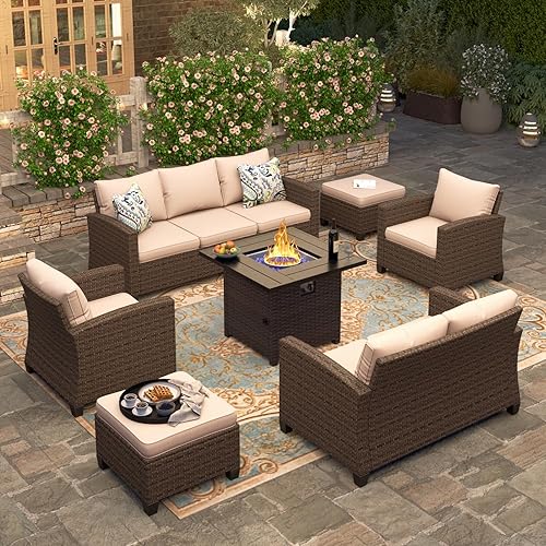 HERA'S HOUSE 7 Pieces Patio Furniture Set with Fire Pit Table, Brown Wicker Rattan Conversation Sets, 9 Seats Outdoor Furniture with Cushions for Lawn Poolside Backyard, Beige