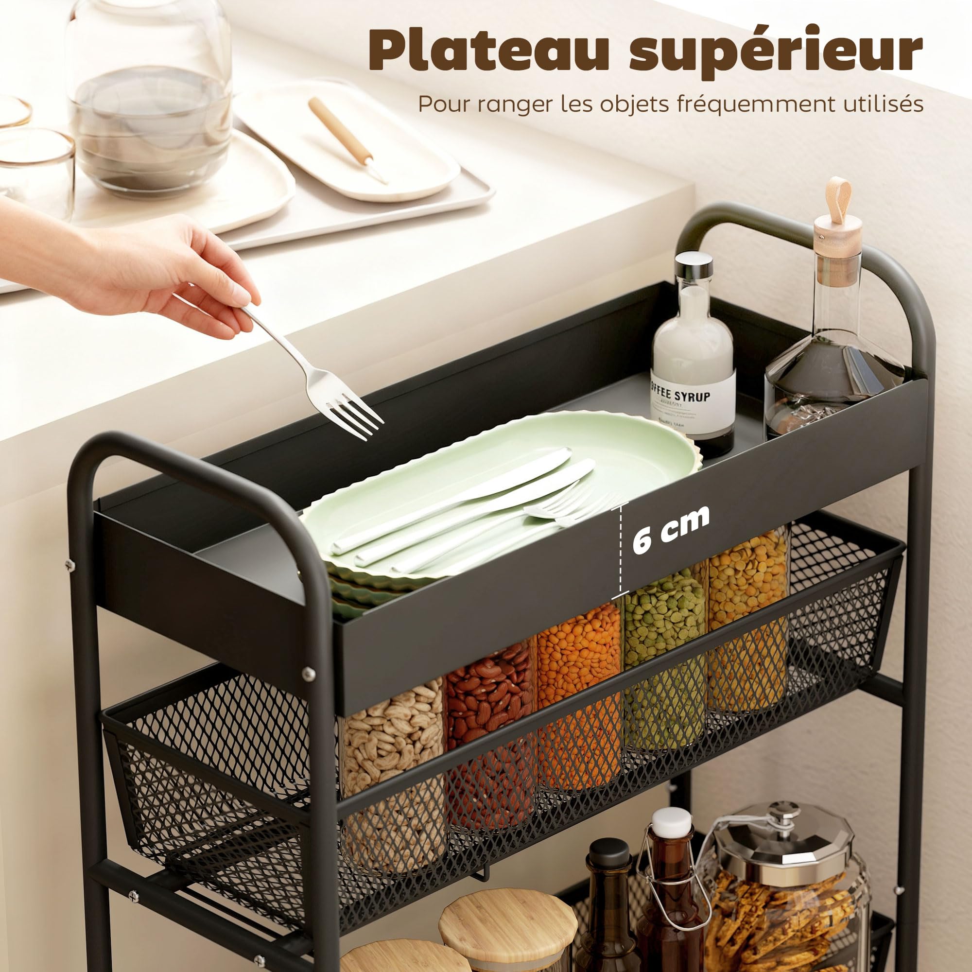 HOMCOM Chariot de rangement à 4 niveaux, 3 paniers coulissants, desserte à roulettes, panier supérieur et poignée, desserte cuisine multifonctionnel pour chambre, salon, bureau, 19 x 43,2 x 80 cm noir