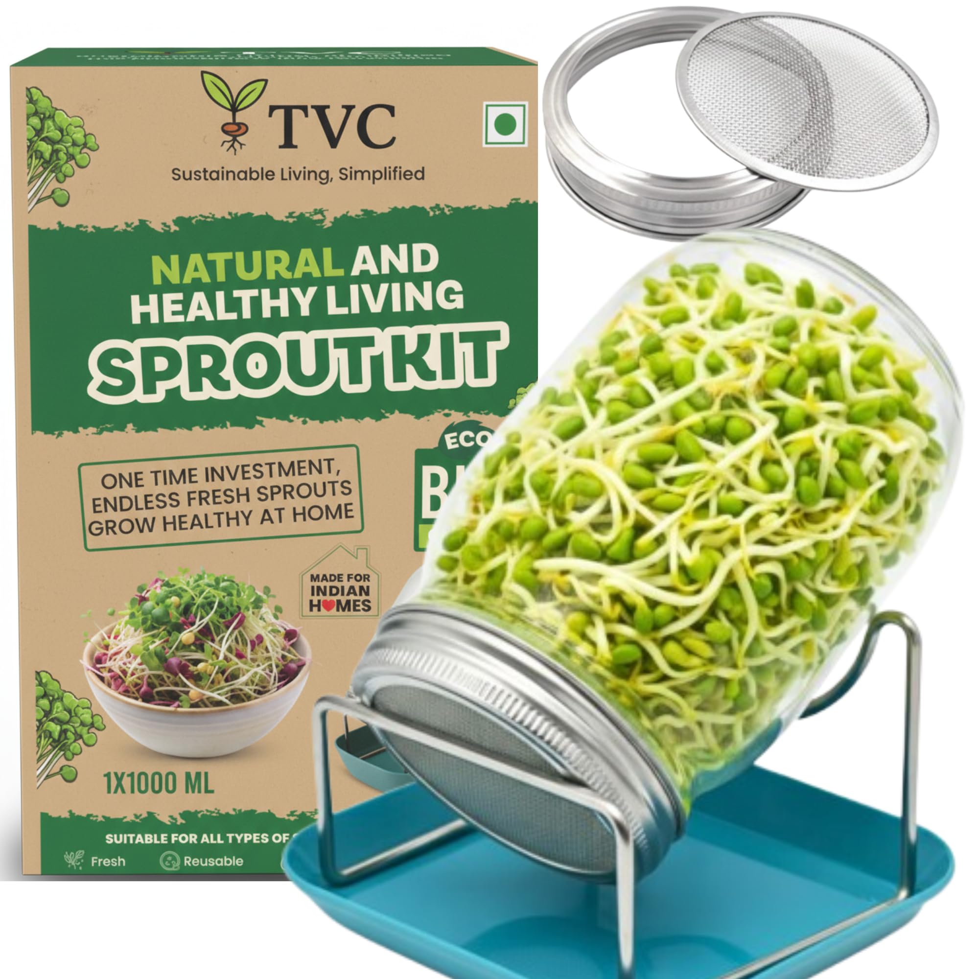 TVC 1L Glass Sprout Maker Jar with Stainless Steel Mesh Lid & Stand | For All Sprouts & Microgreens | Plastic-Free Sprouting Kit | Easy Rinse & Drain, Dishwasher Safe, Rust-Free-image-49