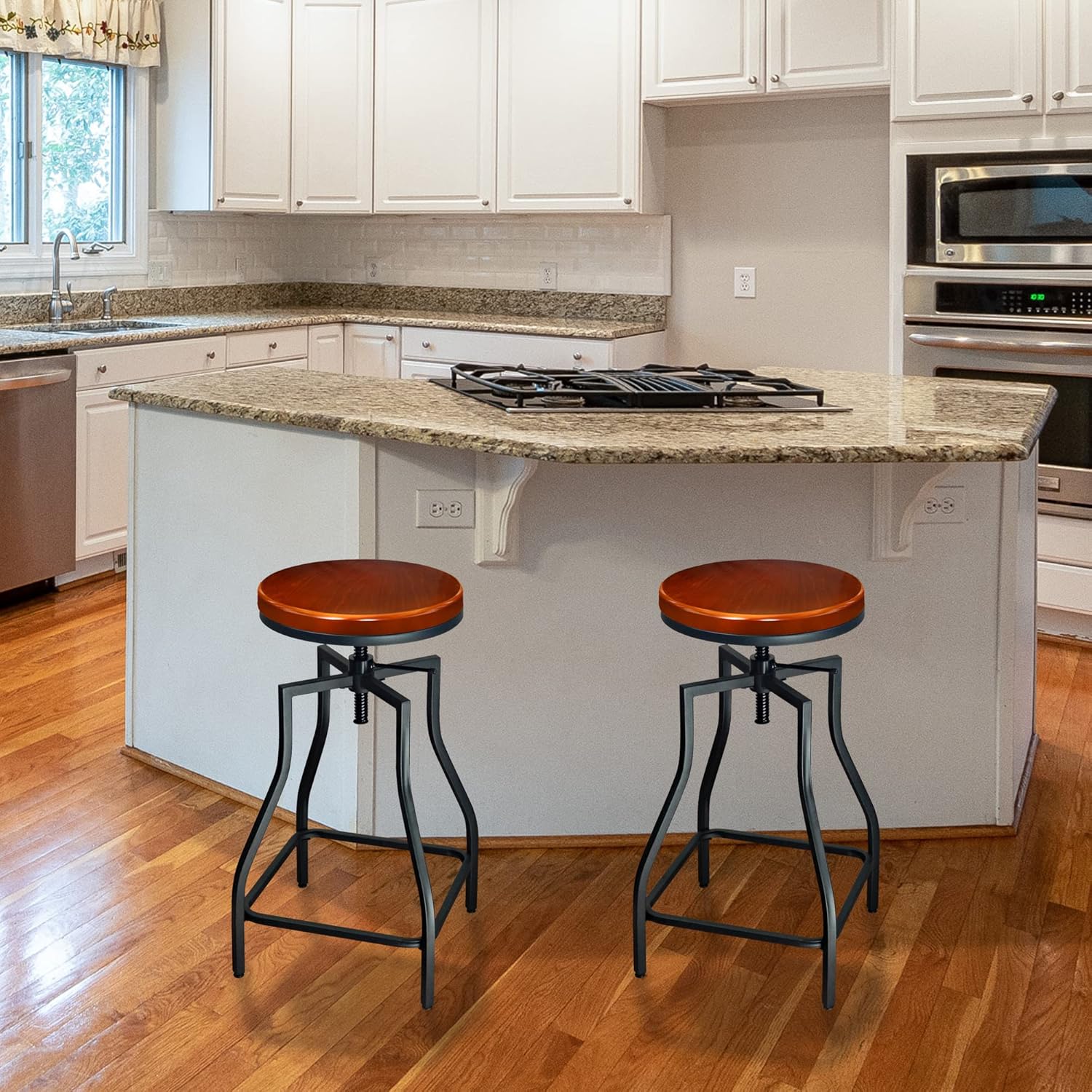 eHemco Adjustable Swivel Metal Kitchen Counter Height Backless Barstool with Wood Veneer Seat, Black, Set of 2