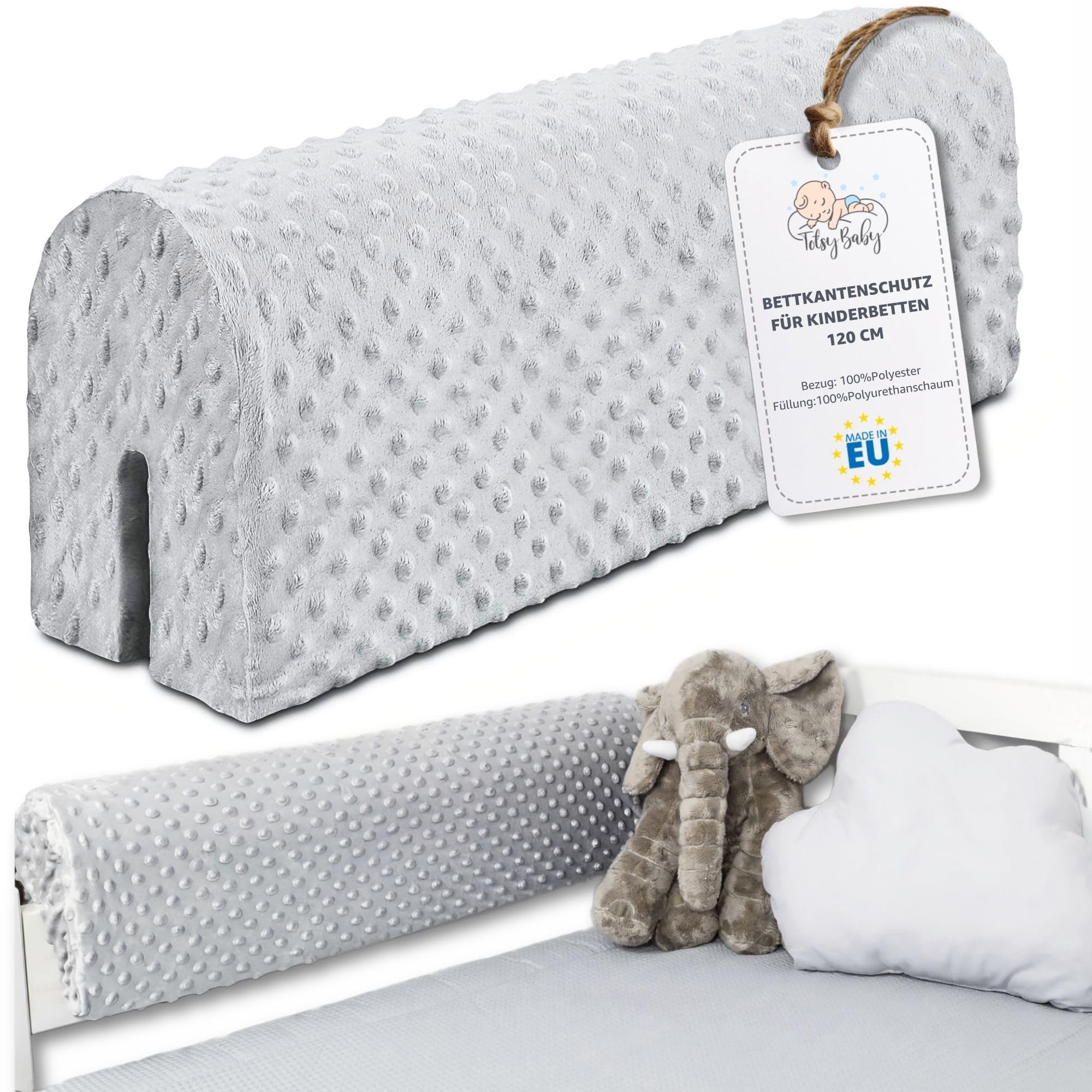 Totsy Baby Paracolpi lettino neonato antisoffoco 120 cm - Protezione schiuma per lettino fasciatoio e culla per i bordi del letto o della culla per bambini da 1 a 3 anni Grigio Chiaro