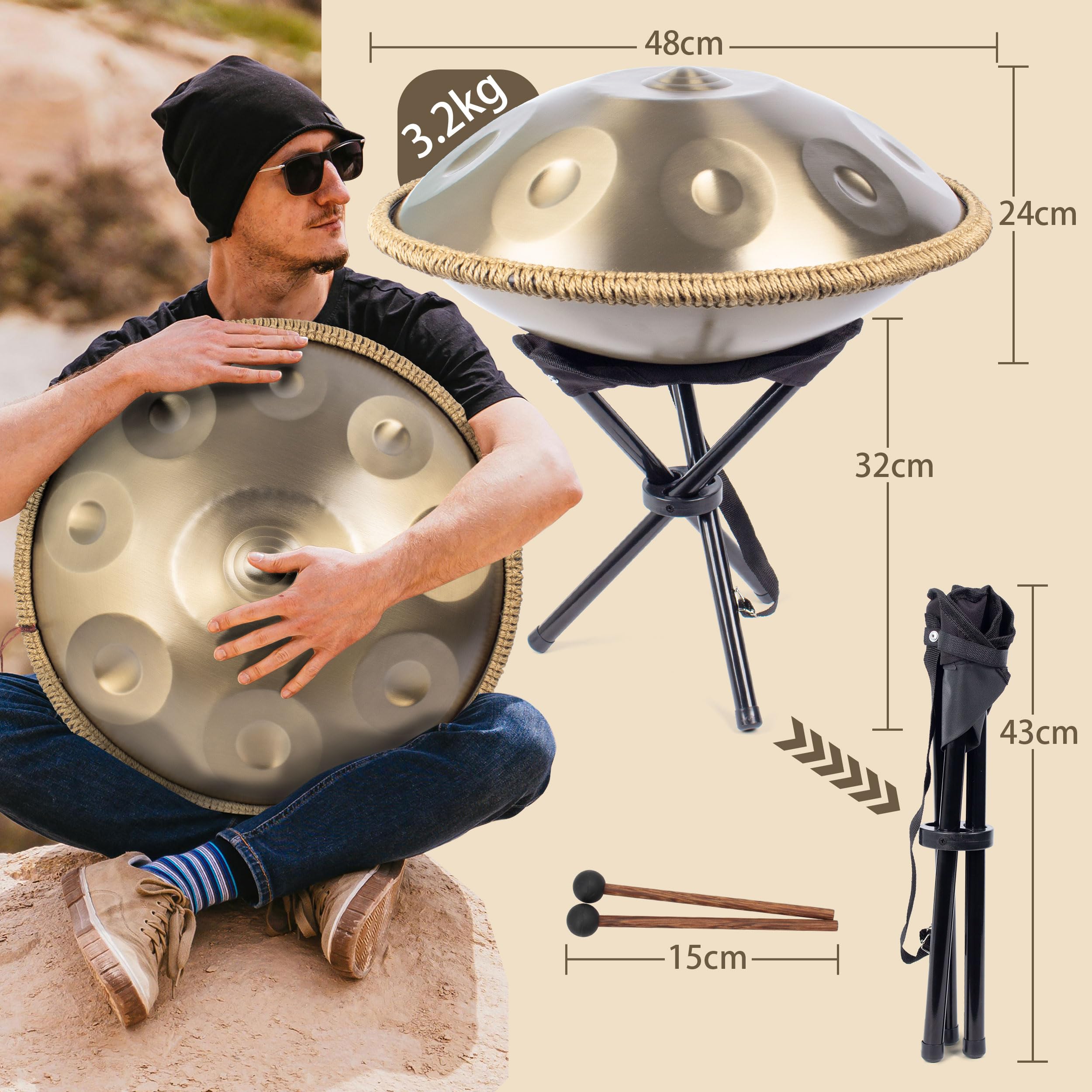Handpan 432 HZ Avanzato/Principiante, Hand Pan 9 Note 19 Pollici, Tamburo-Acciaio in D Minore, Tamburo a Mano con Borsa per Trasporto e Supporto, Steel Drum per Sound Healing, Meditazione, Oro